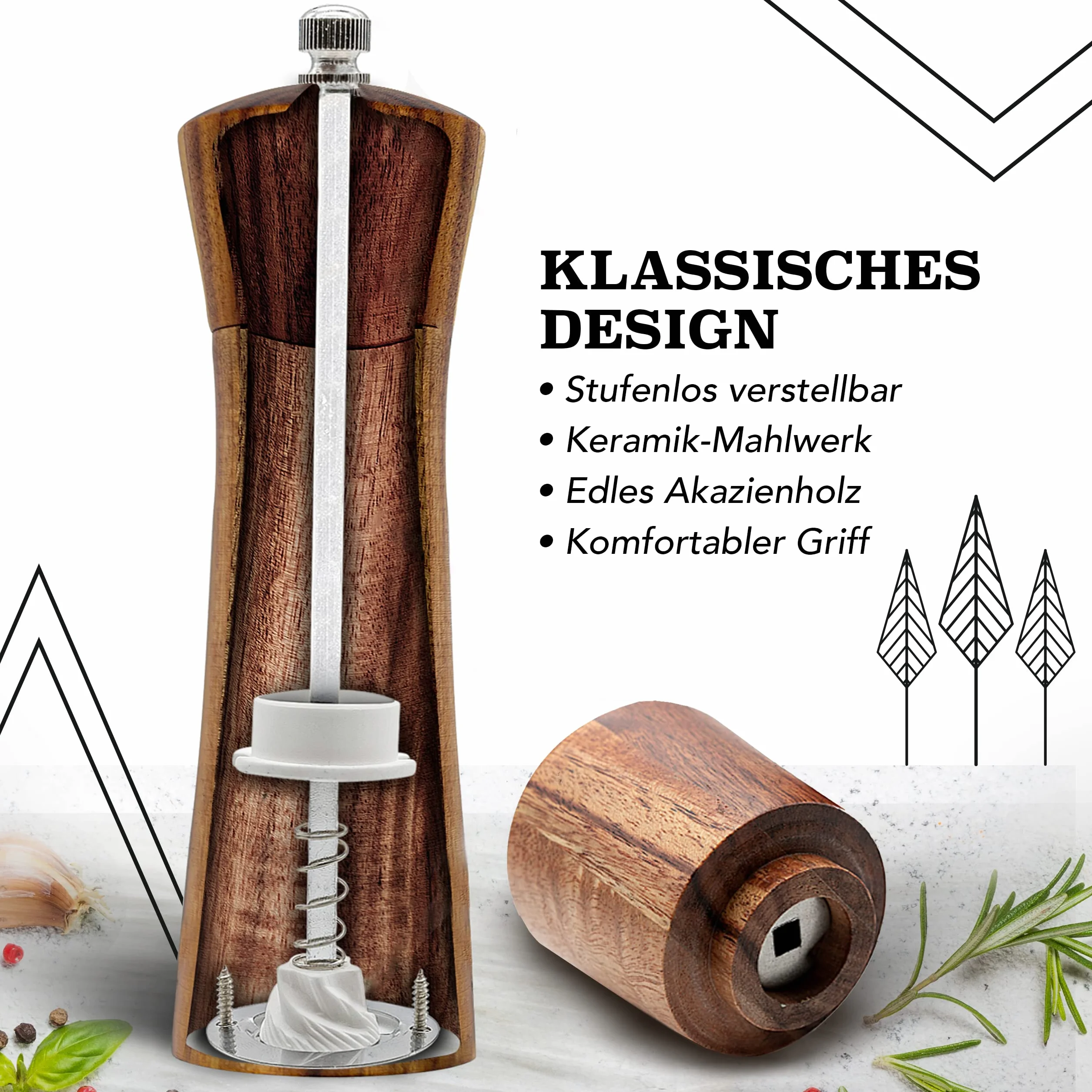 Macinasale e macinapepe in legno con meccanismo in ceramica + pennello per la pulizia gratis - Set saliera e pepiera ricaricabili, Legno, marrone