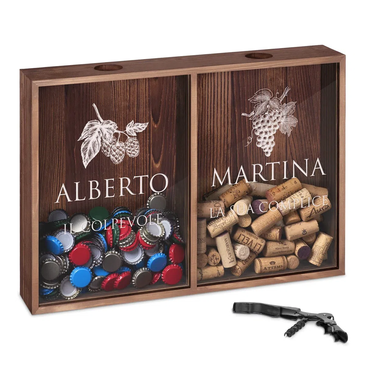 Maverton Raccogli tappi di sughero o birra - con stampa personalizzata - con due scomparti - cavatappi con un coltellino - scatola porta tappi - regali per coppia - complici
