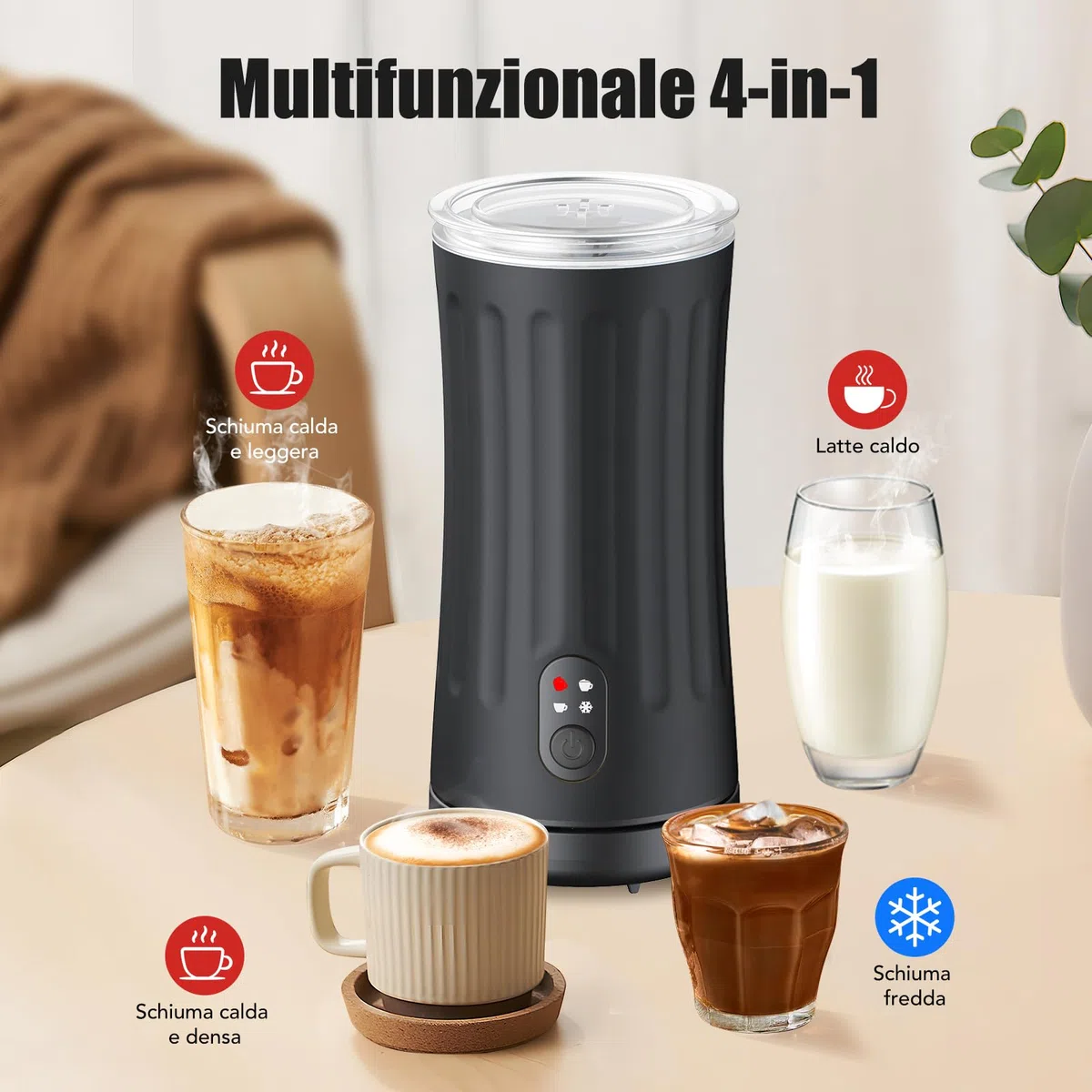 Montalatte Elettrico, Automatico 4 in 1 Cappuccinatore Elettrico, Schiuma di Latte Calda e Fredda, Montalatte Silenzioso per Caffè, Cappuccino, Macchiato, Cioccolata Calda, Nero