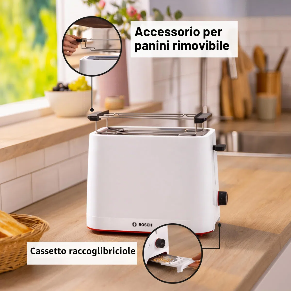 Bosch Tostapane Compatto TAT3M121, 950 W, Tostatura Uniforme, Espulsione Automatica, Vassoio Raccogli-Briciole, Funzione Scongelamento e Riscaldamento, Spegnimento Automatico, Bianco