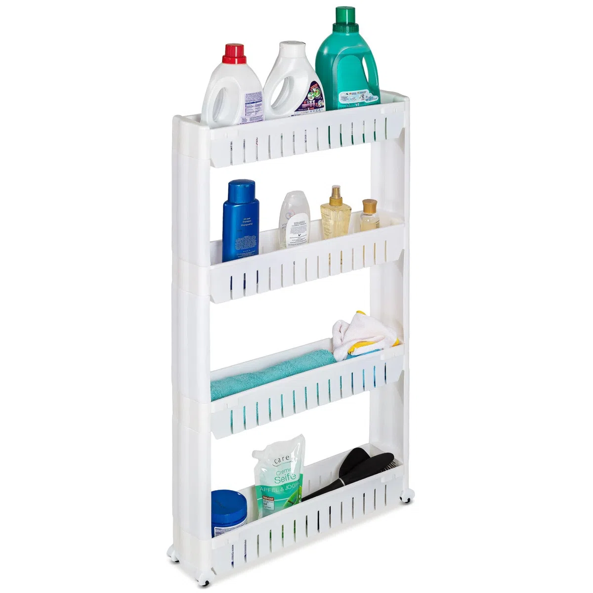 tectake® Carrello da Cucina Slim 54x12x101cm, Mobiletto Salvaspazio Multiuso con 4 Ripiani, Carrello con Ruote, Mobile Cucina Porta Detersivi Salvaspazio, Portaoggetti Bagno, Ripostiglio - Bianco