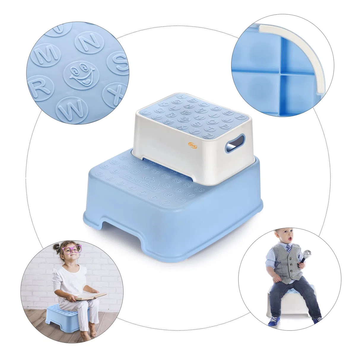 Sgabello a due gradini, antiscivolo sicurezza, staccabile Può essere utilizzato separatamente, Ausilio di presa rialzato per bambini e adulti, Carico massimo100 kg, blu