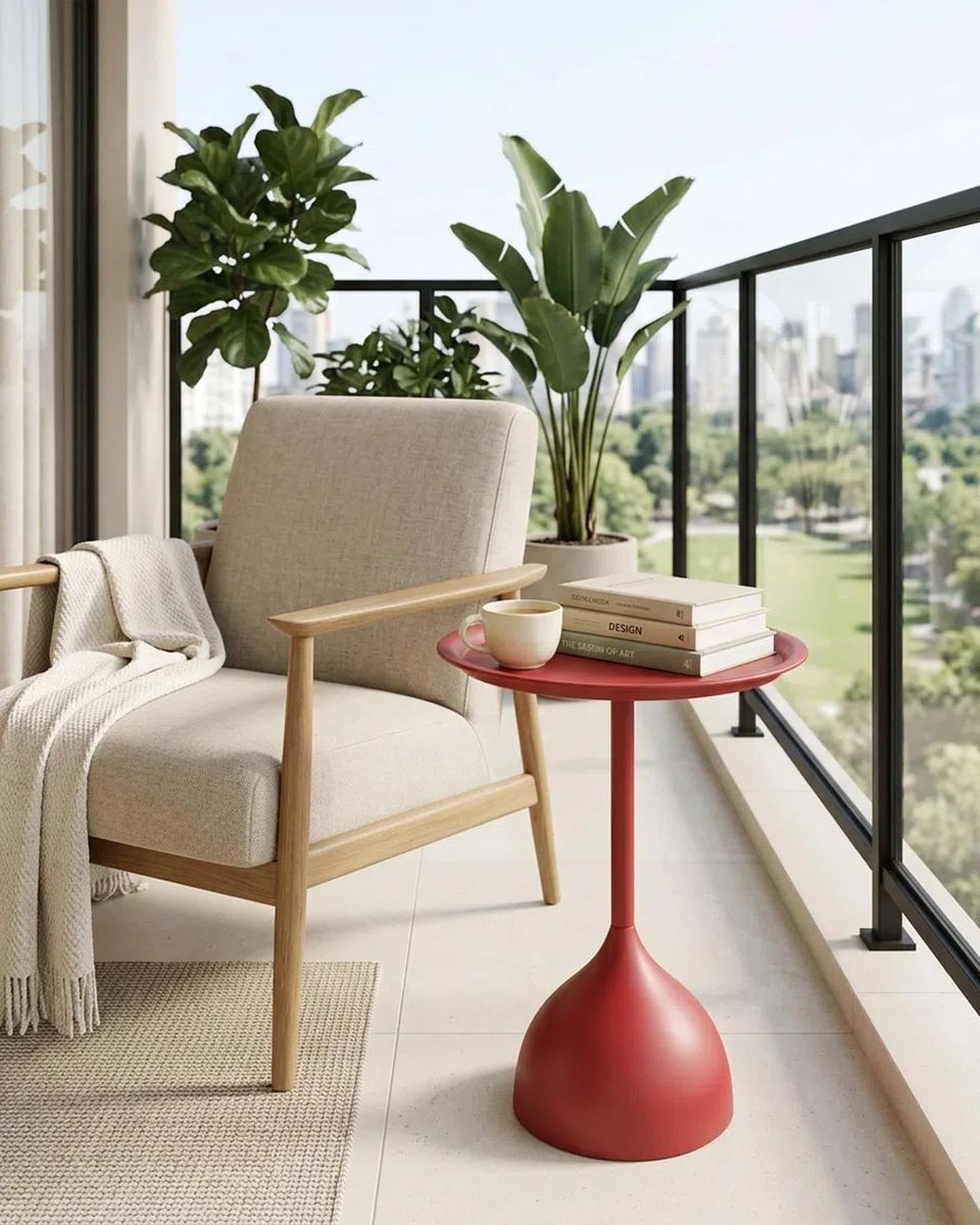 Tavolini da Salotto Rosso in Metallo Set di 2 Tavolino da Divano Rotondo Moderno, Tavolino da Balcone Impermeabile e Antiruggine Tavolo Rotondo per Soggiorno e Camera, H 42+60cm