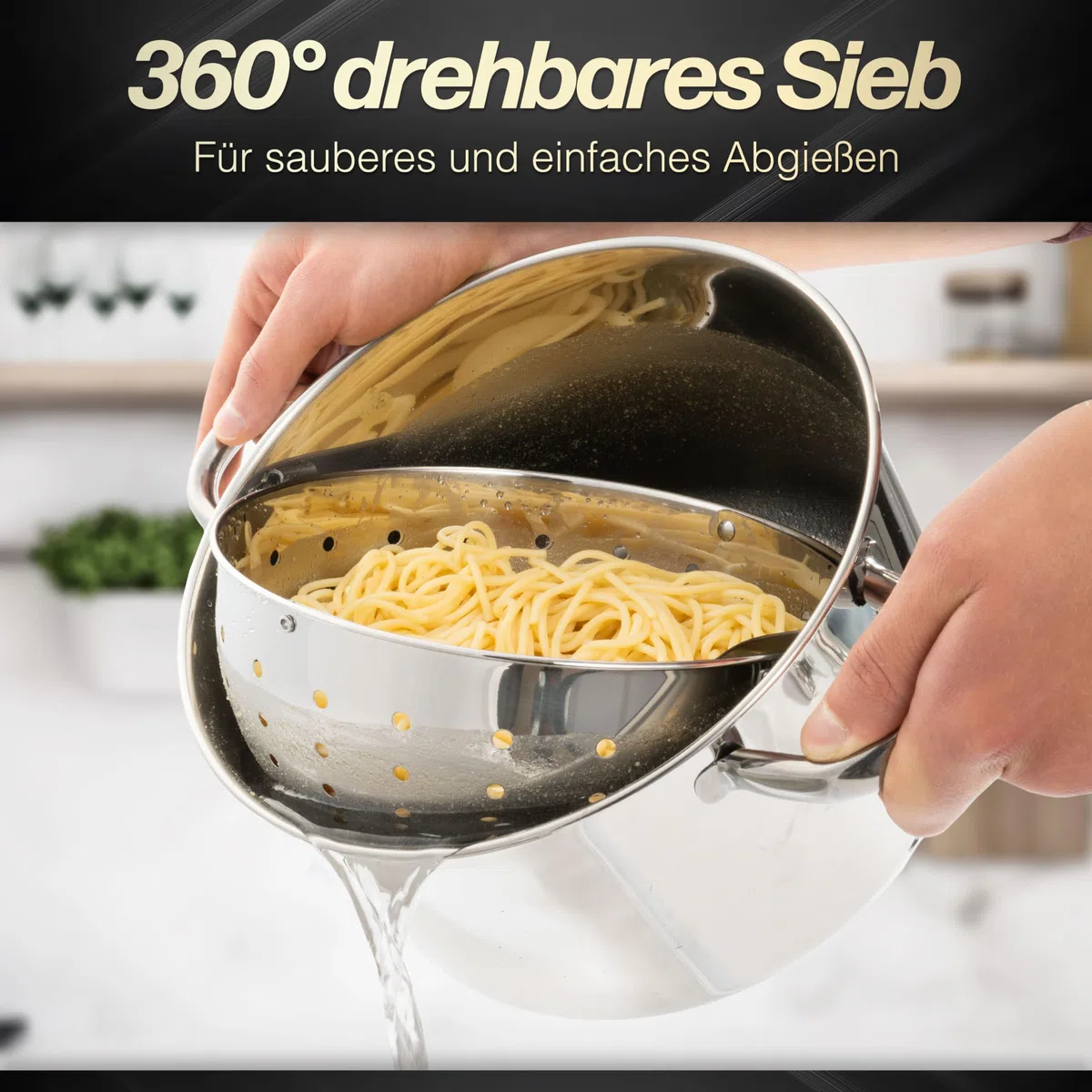 BEYOND Casseruola in Acciaio Inox con Cestello Scolapasta Estraibile e Coperchio in Vetro