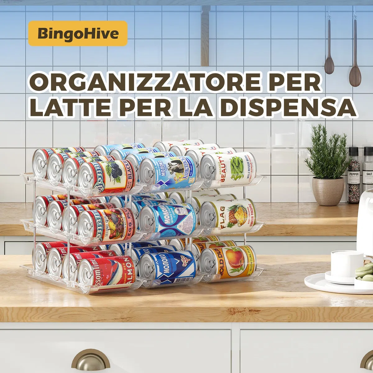 Organizer per lattine per dispensa Organizzatore impilabile a 3 ripiani Organizzatore per bibite da dispensa per frigorifero, 36 scomparti, con ruote automatiche, trasparente