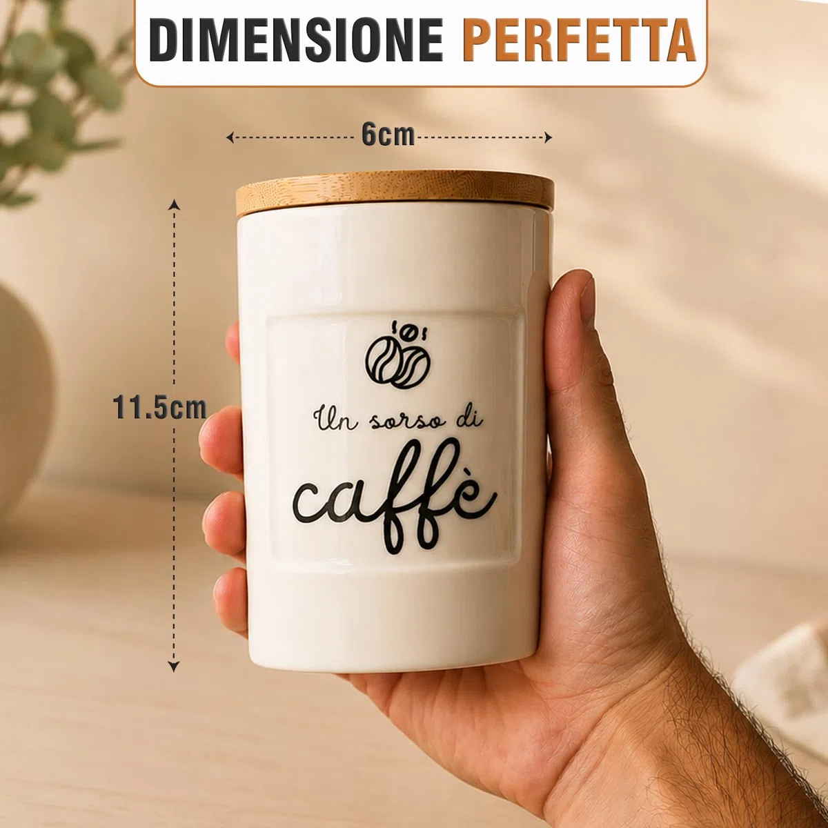WELCOMAT, Set Barattoli Ceramica Sale Zucchero Caffè - 11cm / 600 ml - Idee Regalo Cucina, Barattolo con Chiusura Ermetica, Descrizione Simpatica, Contenitori, Vetro e Legno, Porta spezie