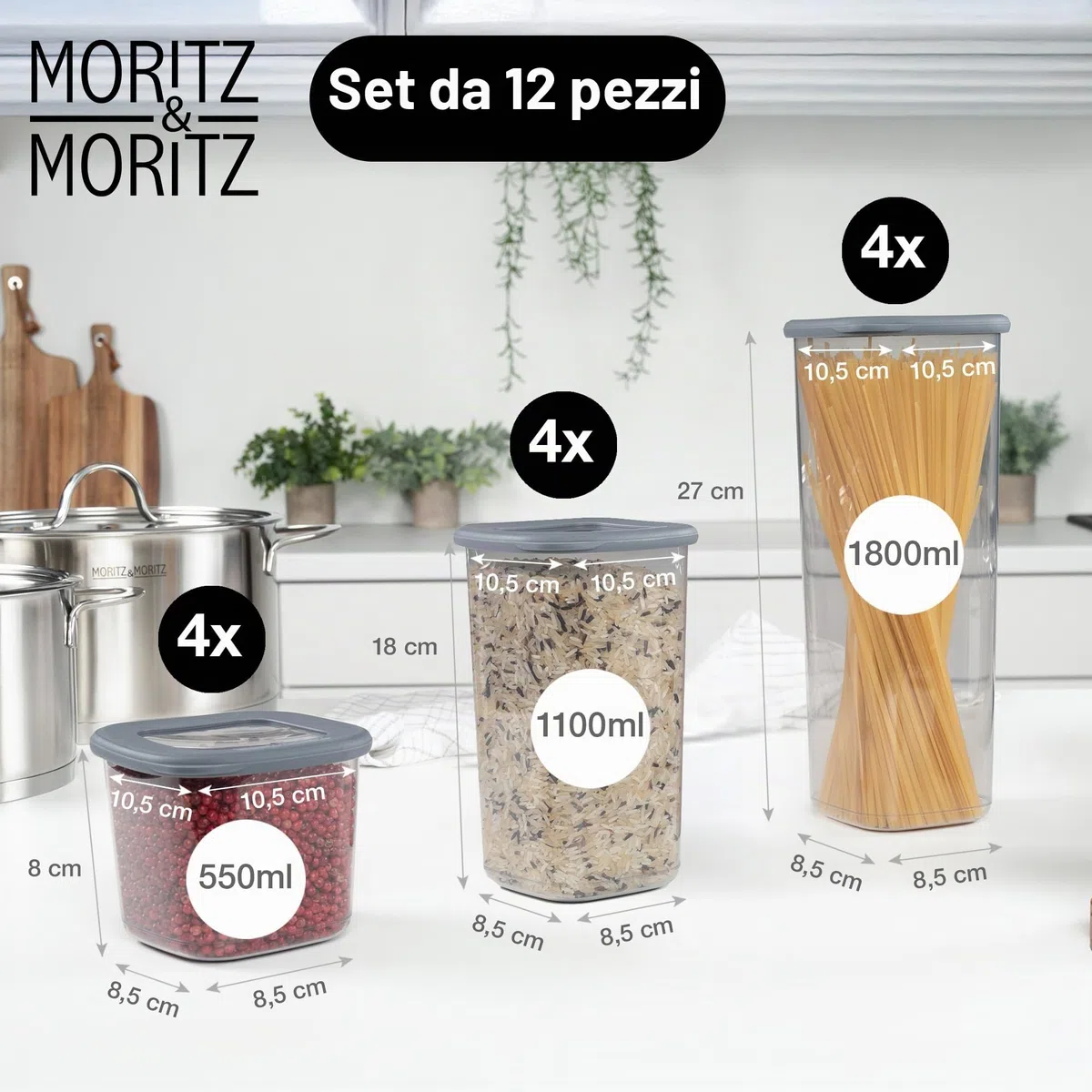 Moritz & Moritz Set di 12 barattoli con coperchio ermetici - Alimentare per la conservazione degli alimenti - Contenitori ermetici e impilabili - Set di barattoli per la conservazione in cucina