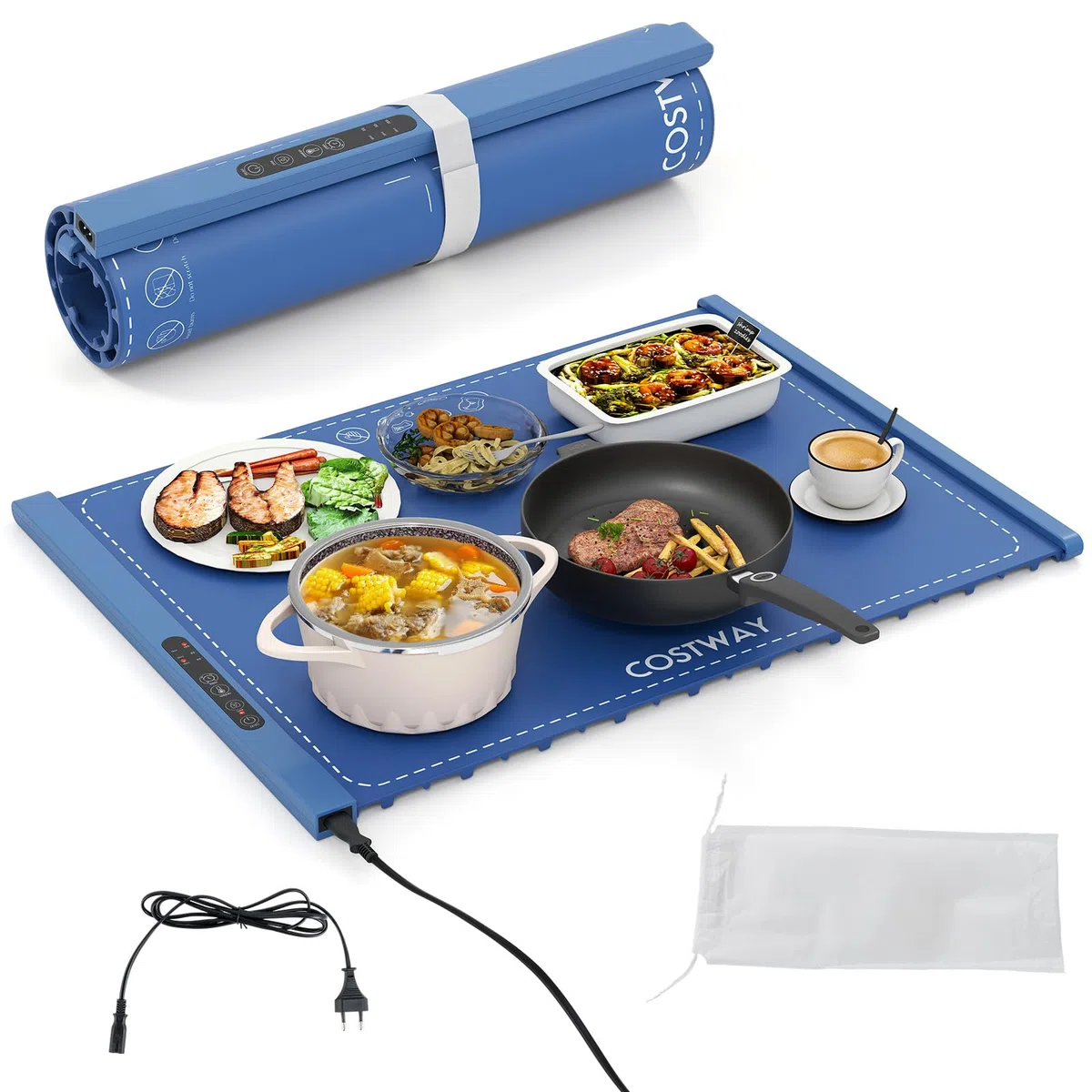 COSTWAY Vassoio Riscaldante Elettrico, Tappetino Riscaldante in Silicone Portatile, con Temperatura Regolabile Timer e Blocco per Bambini, per Buffet, Feste e Cucina (60 x 44 cm,Blu)