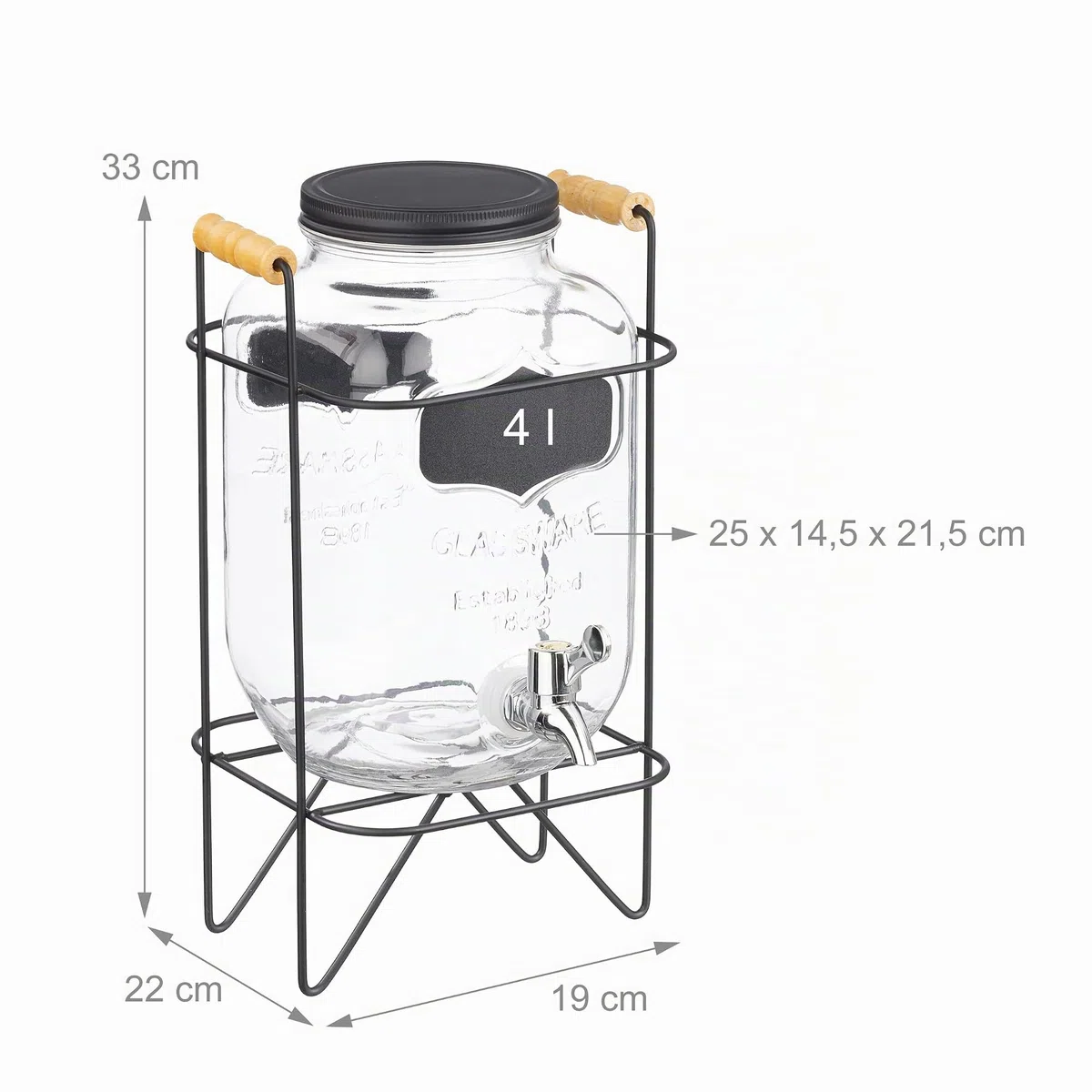 Relaxdays Dispenser in Vetro per Bevande, Erogatore 4 L Rubinetto, Coperchio e Supporto, Distribuitore Acqua e Limonata