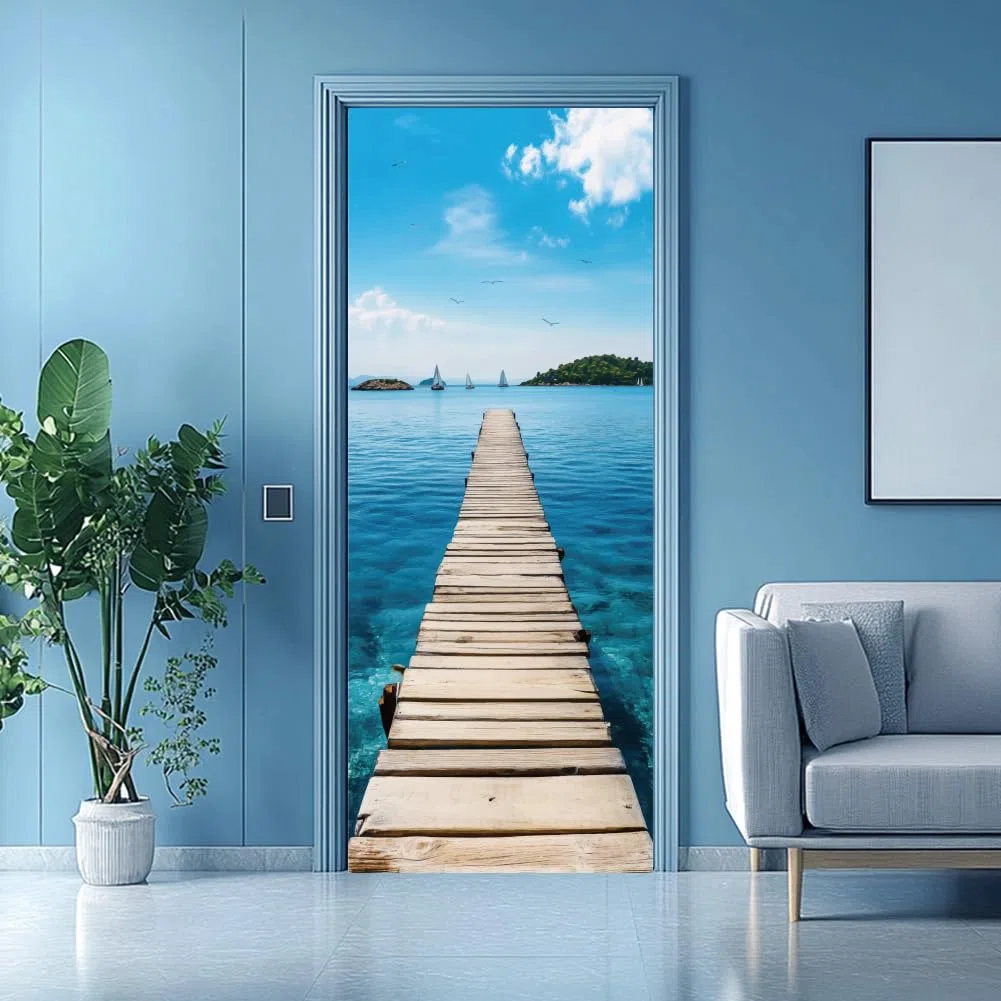 arricraft 2 pz adesivo porta Autoadesivo, 31.5"X78.7" Adesivi Murali per Porte A Tema Marino con Motivo A Ponte di Gabbiani Carta Da Parati In PVC Decorazione per Camere Da Letto Soggiorno