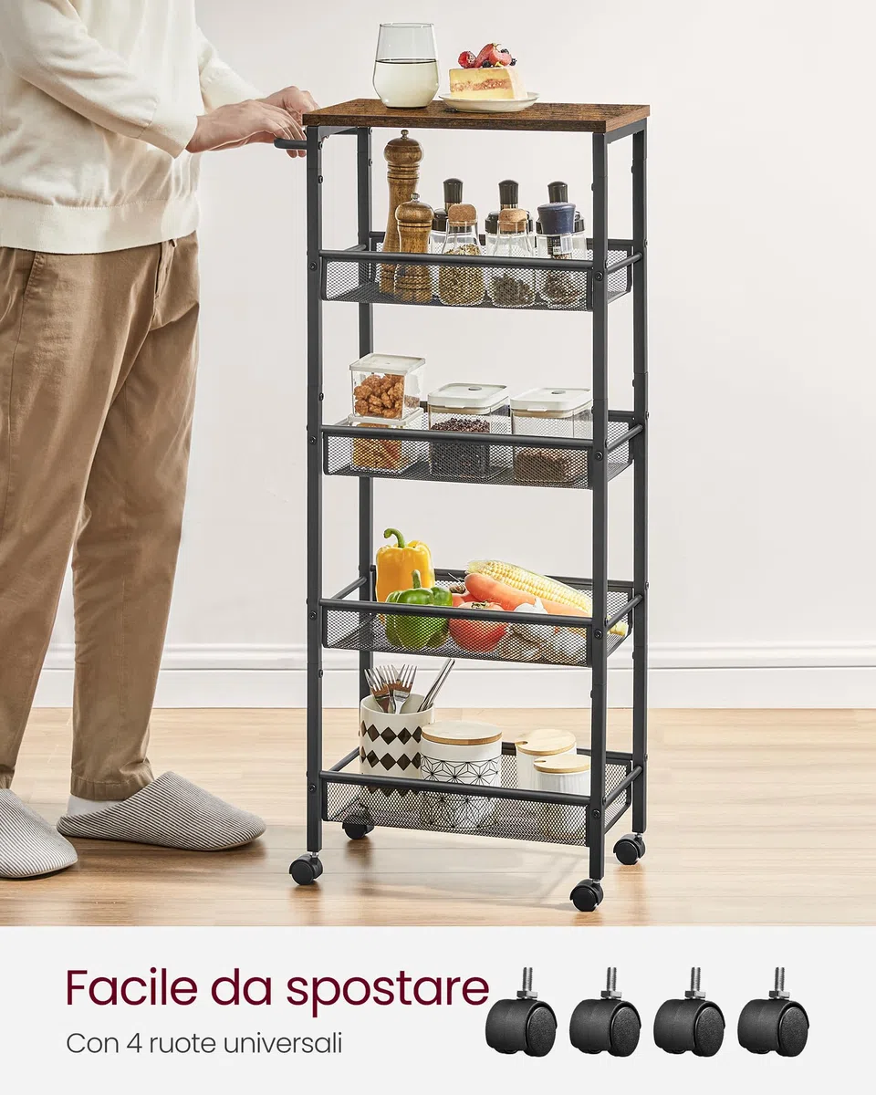 VASAGLE Carrello a 5 Ripiani, Carrello Cucina Salvaspazio con Ruote, Struttura in Acciaio, Maniglia, Carrellino Piccoli Spazi, Bagno Salotto Studio, Marrone Vintage e Nero LRC035B01