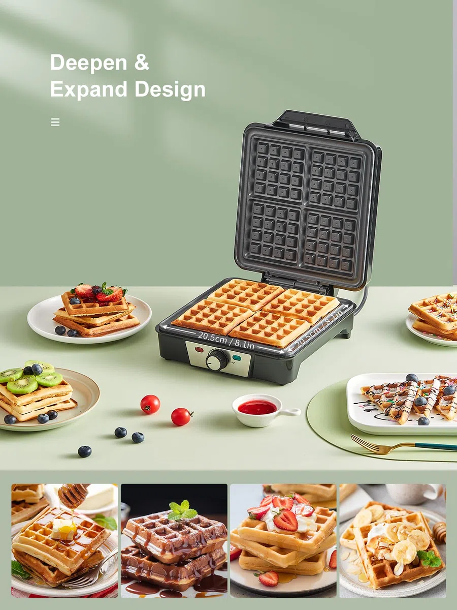 Piastra per waffle per 4 waffle belghe, 1200 W, con anti-troppopieno, regolatore abbronzatura, piastre antiaderenti e spie di controllo