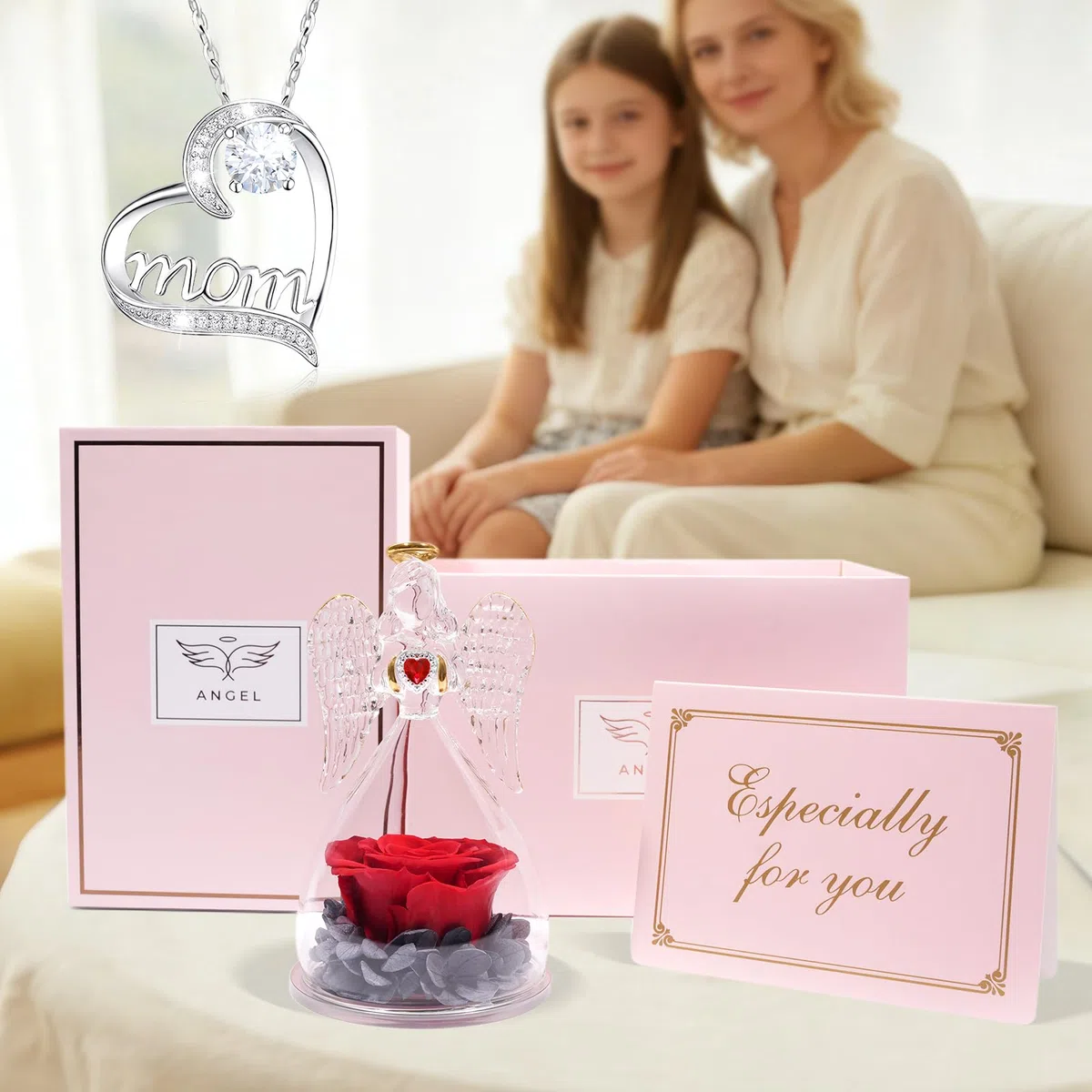 Miofula Regali Festa della Mamma,Rosa Eterna Figurine Angelo con Collana Argento 925,Rosa Stabilizzata Regalo Mamma Compleanno,Festa della Mamma Idee Regalo Mamma Nonna,Fiori Stabilizzati Regalo Donna