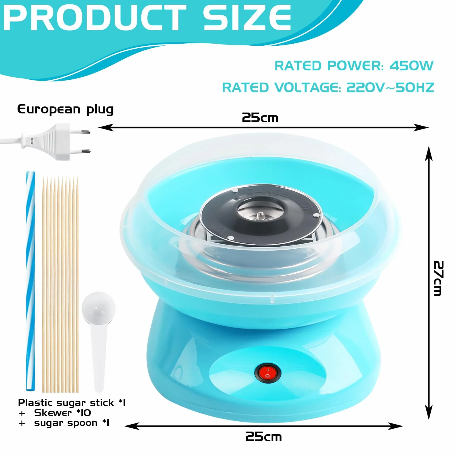Macchina per Zucchero Filato, Cotton Candy Machine 450 W, Macchina Zucchero Filato, Zucchero Filato Macchina Con Misurino, Bastoncini Di Zucchero in Plastica E Dieci Bastoncini(Azul)