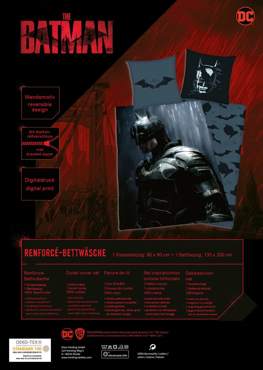 Batman Set di Biancheria da Letto, Federa 80x80 cm, Copripiumino 135x200 cm, con Cerniera di qualità, 100% Cotone, Renforcé