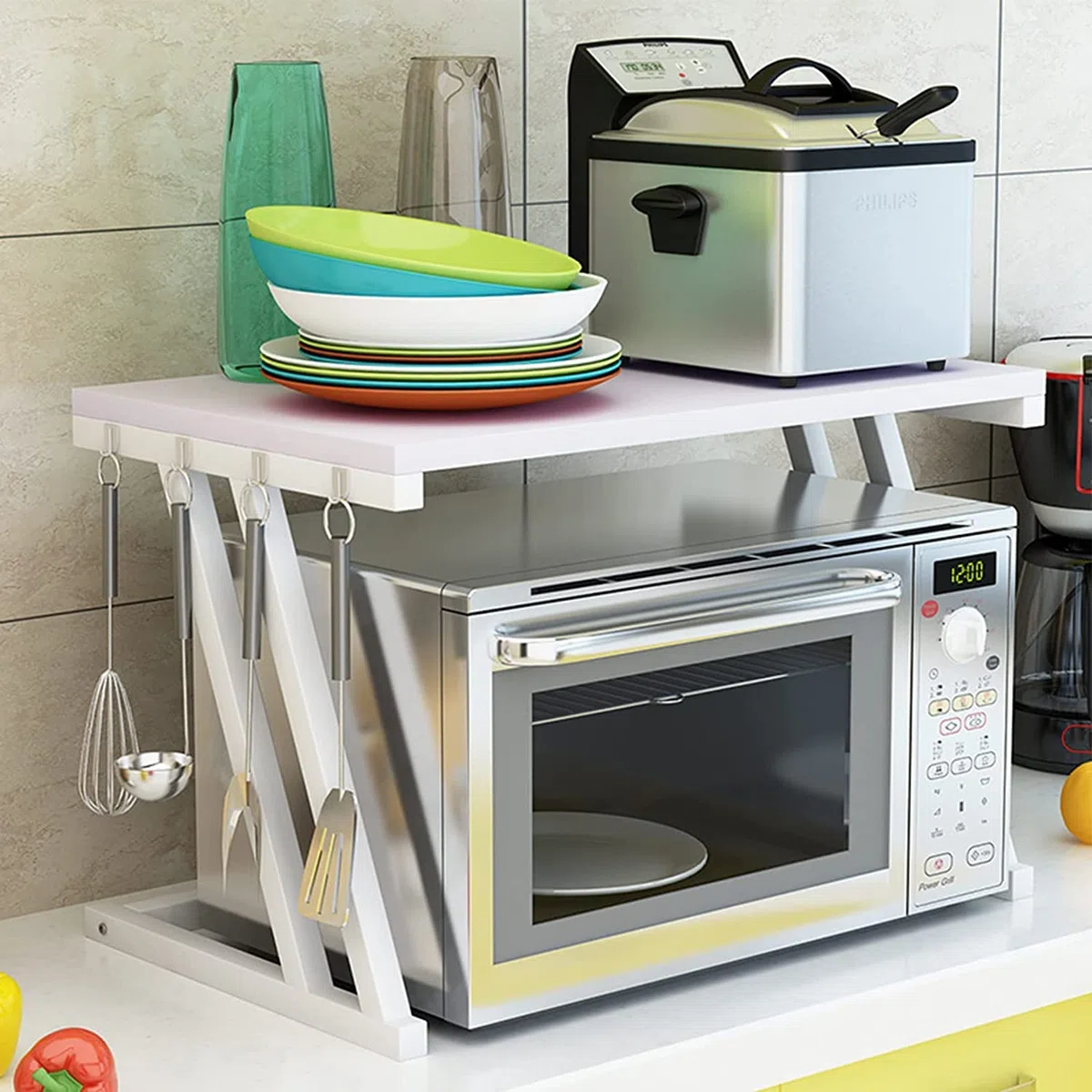 LANTUS Supporto per Forno a Microonde Allungabile,Rack per Forno a microonde Estensibile,Mensola Microonde Allungabile Forno (57 * 38 * 38cm-Z Bianco)