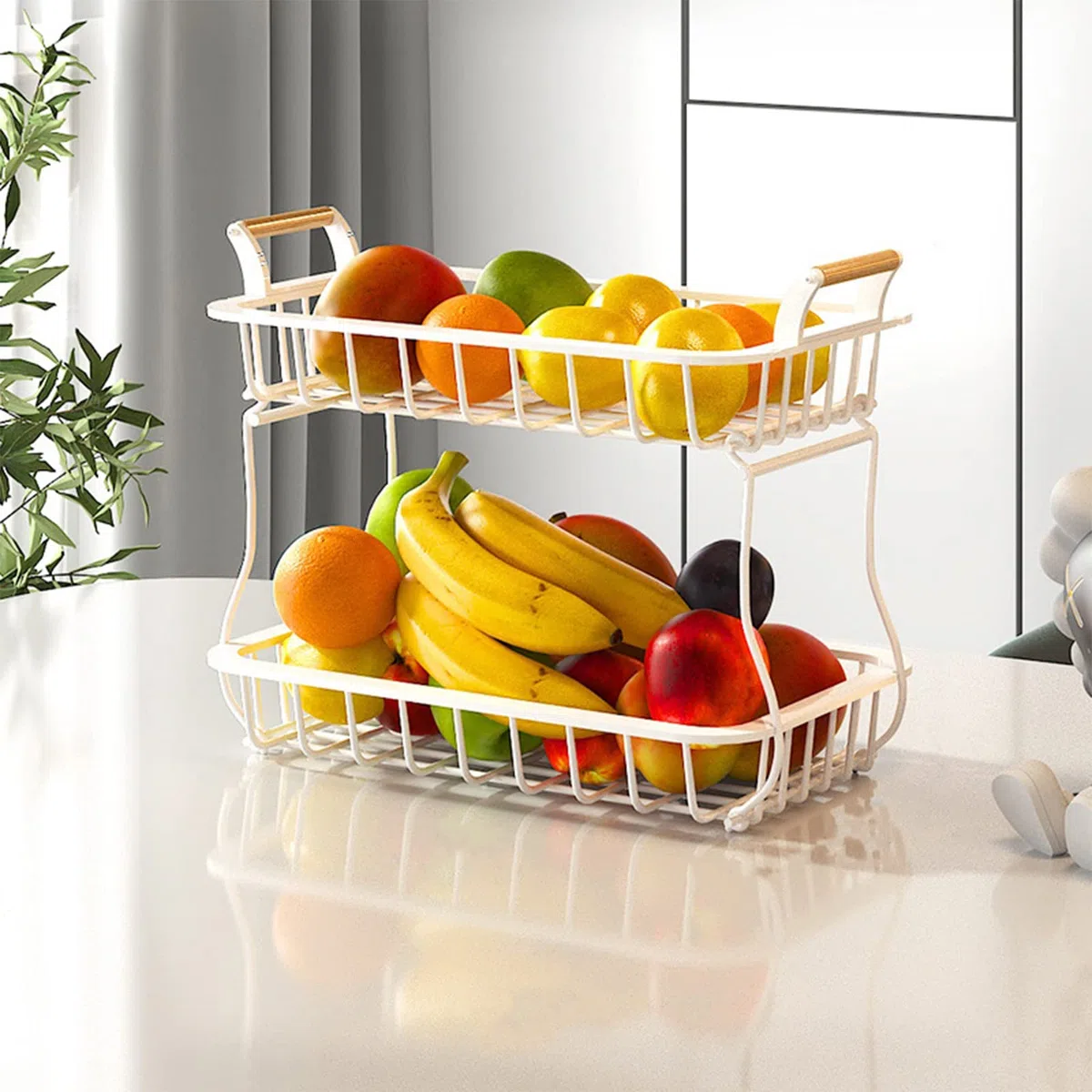 BestAlice Cesto Portafrutta a 2 Livelli per Piano di Lavoro della Cucina, Cestini per Il Pane Portafrutta Supporto per Verdure con Manico in Legno, Cesto in Filo Metallico Staccabile(Bianco)