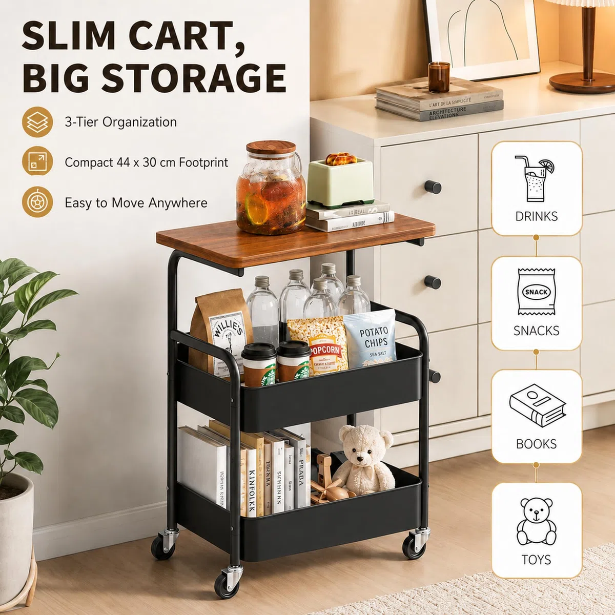 Carrello per libri a 3 livelli, carrello in metallo con pannelli a incastro e piano da tavolo, carrello da servizio per cucina, soggiorno, casa e ufficio, carrello da cucina con ruote