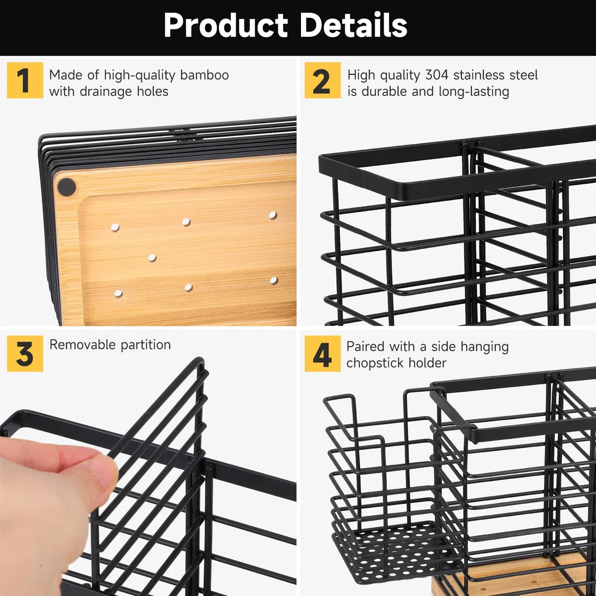 Portautensili da cucina in acciaio inox con 4 scomparti in legno + 1 scomparto per utensili da cucina, porta utensili da cucina con ripiano rimovibile, grande ciotola per coltelli, cucchiai e