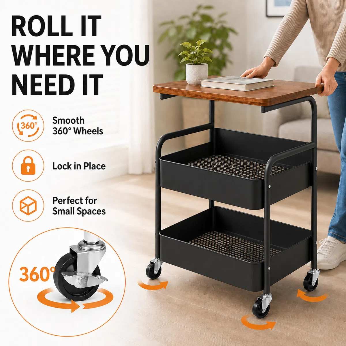 Carrello per libri a 3 livelli, carrello in metallo con pannelli a incastro e piano da tavolo, carrello da servizio per cucina, soggiorno, casa e ufficio, carrello da cucina con ruote