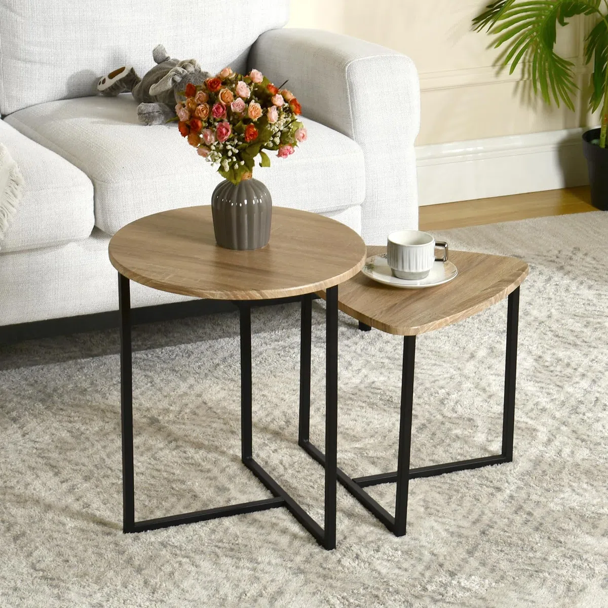 MEUBLE COSY Set di 2 Tavolino da caffè per Soggiorno Salotto Tavolini Sovrapponibili Salotto in Legno e Metallo, Stile Industriale, Marrone Chiaro