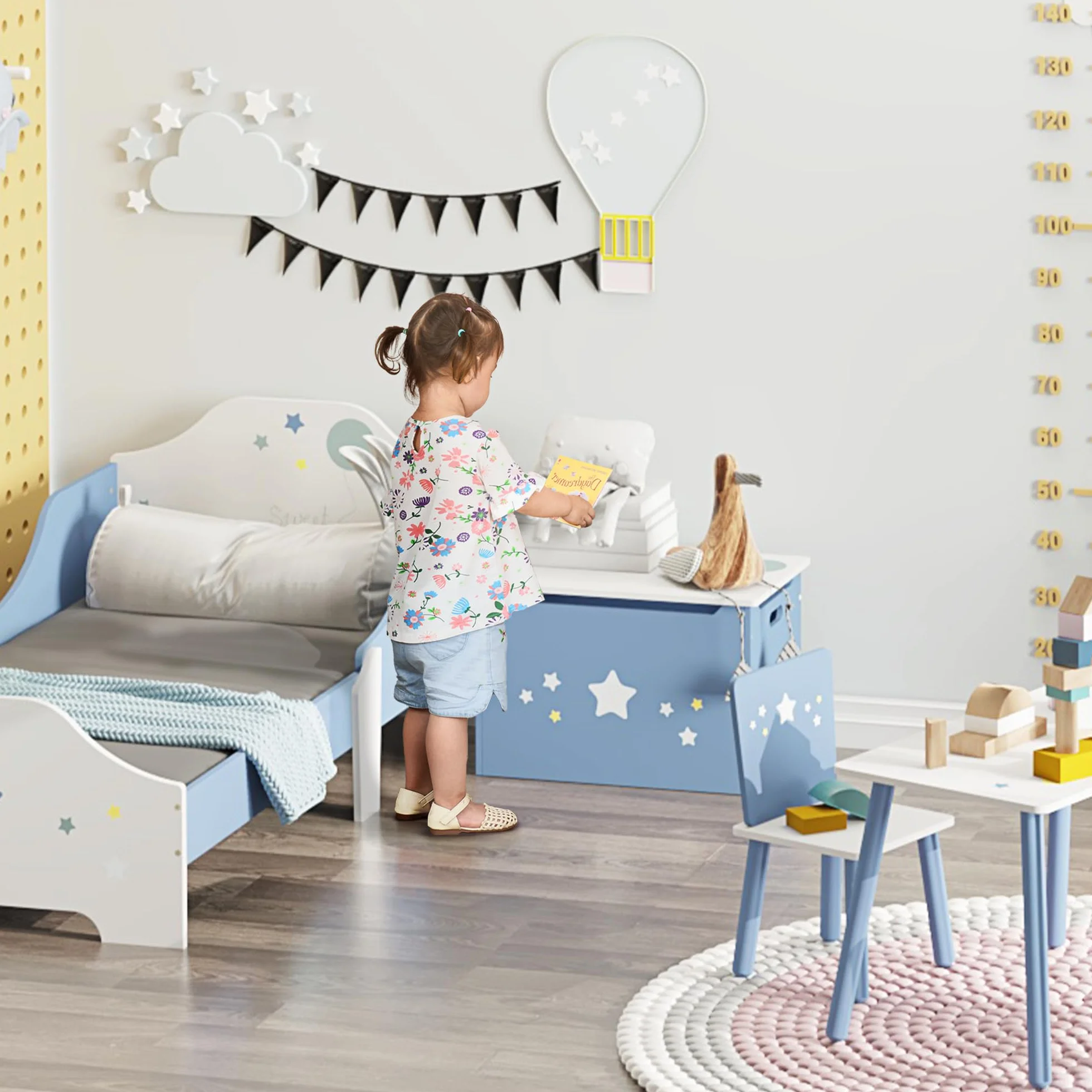 HOMCOM Cassapanca Baule Portagiochi in Legno Blu e Bianco, Panca per Cameretta Bambini 55 x 34 x 35.5 cm
