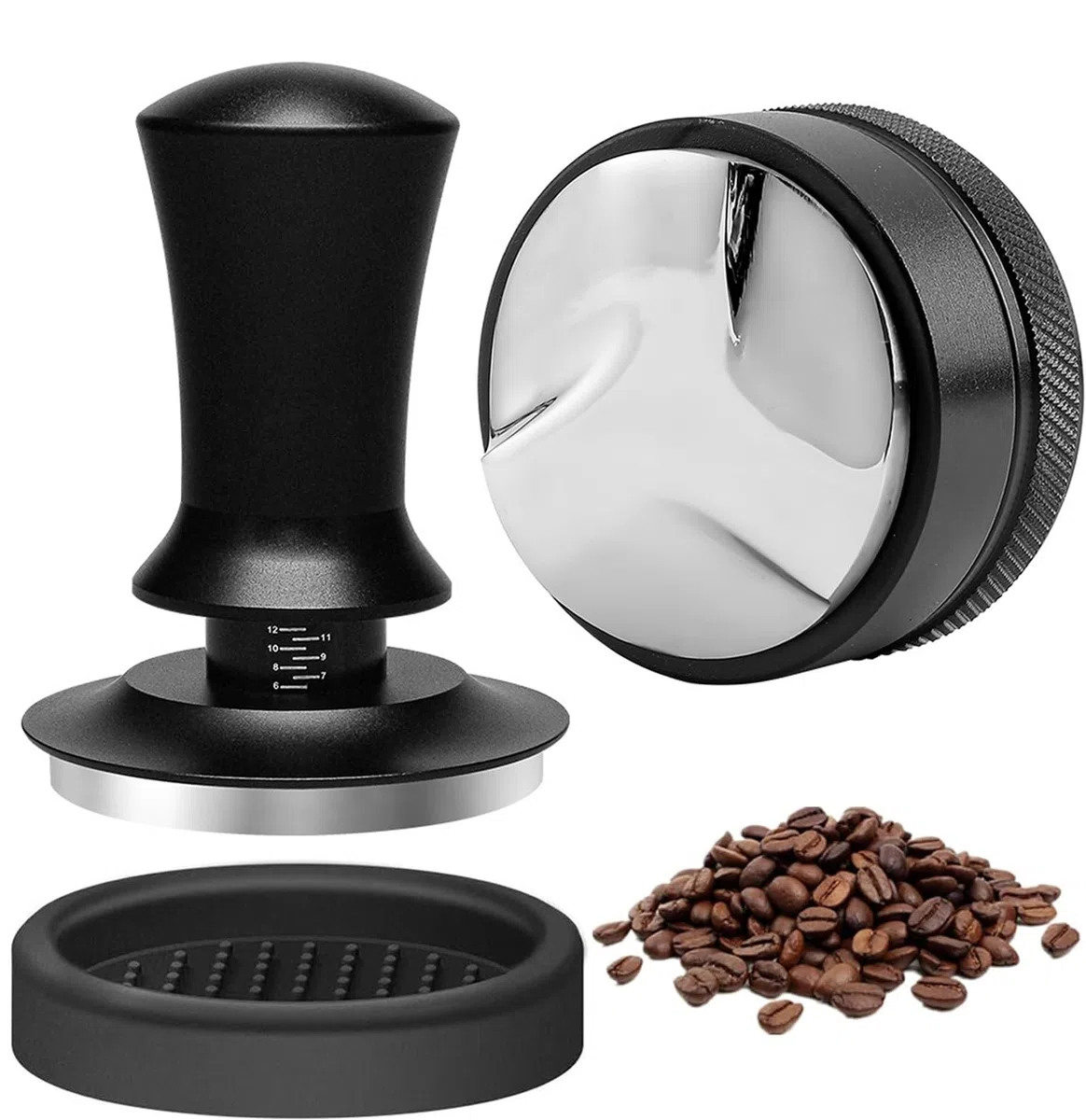 Set Tamper e Distributore Caffè 58mm Pressacaffè Calibrato con Livellatore, Acciaio Inox 304, con Base Silicone