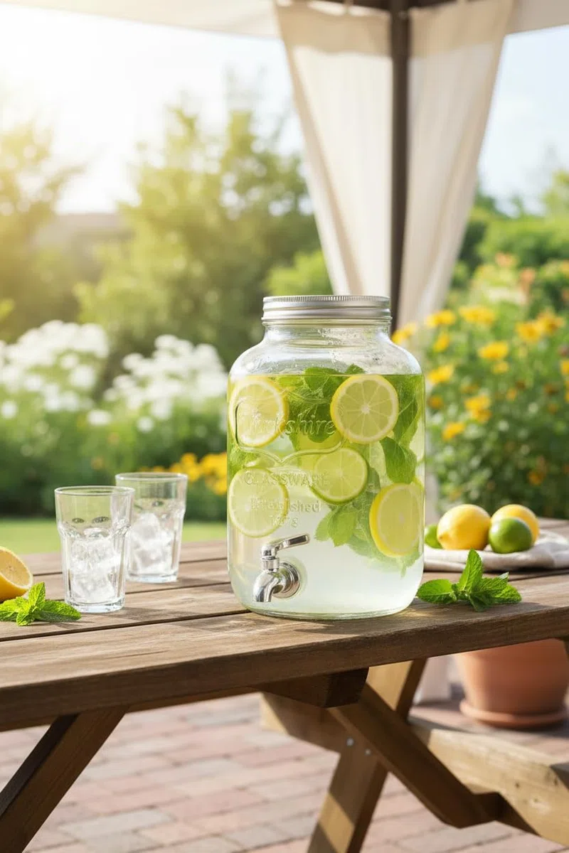 Dispenser in Vetro per Bevande 4L con Rubinetto in Plastica Cromata Lavabile in Lavastoviglie Ideale per Feste Aperitivi e Campeggio 14 x 14 x 26 Cm Trasparente (Rubinetto In Plastica)