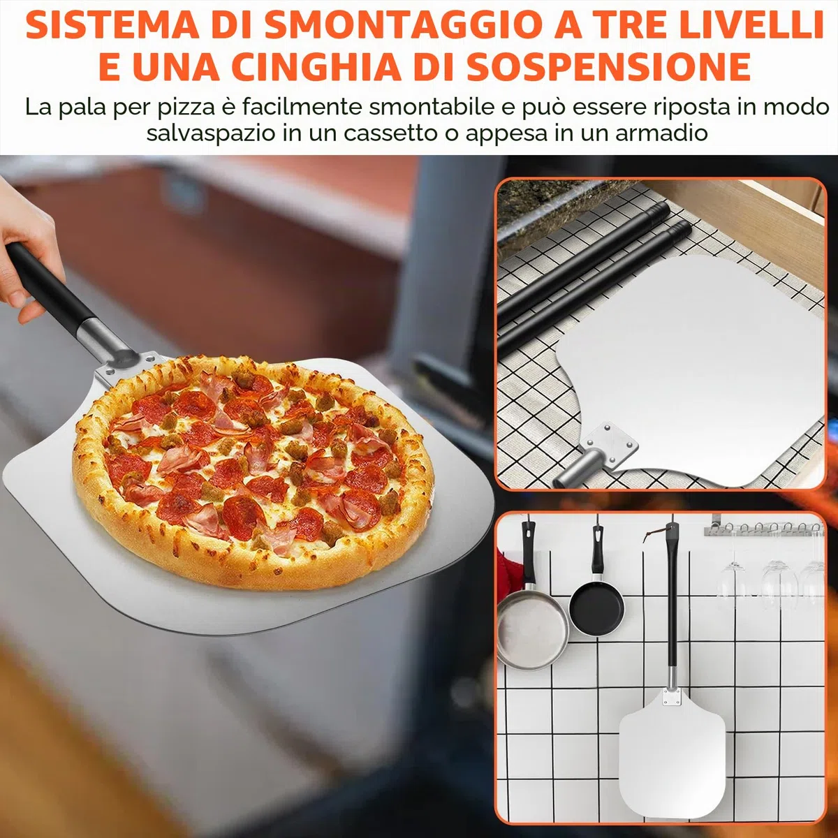 Homikit Pala per Pizza 42x30 cm Grande Paletta in Alluminio Anodizzato Duro con Manico Rimovibile Per Forno, Barbecue, Forno in Pietra