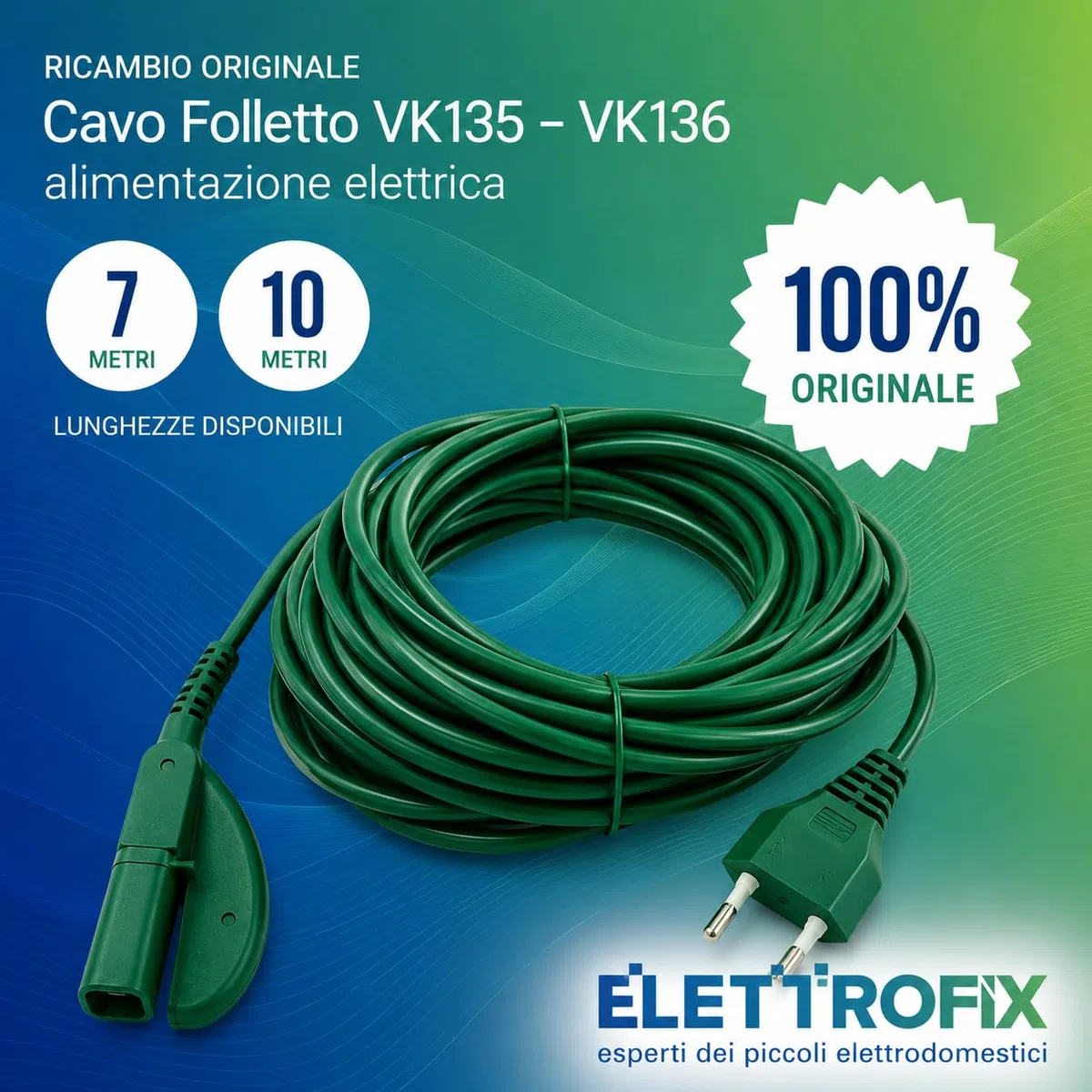 Cavo Folletto VK 135/136 ORIGINALE - 10 METRI - Filo Folletto VK 135/136 - Ricambio Alimentazione Scopa Elettrica - Facile Montaggio - Resistente e con Spina Italiana