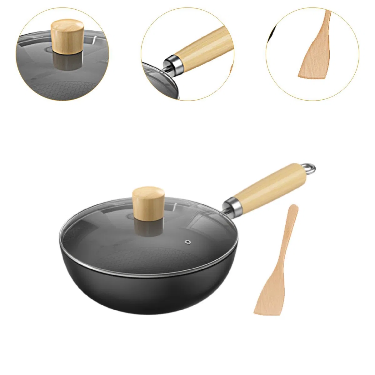 Sharplace Wok Pan Flat Botthy Piatto Multifunzionale Da 7 Pollici di Ferro Wok Senza Rivestire Pane Friggi per Cucina, con Coperchio