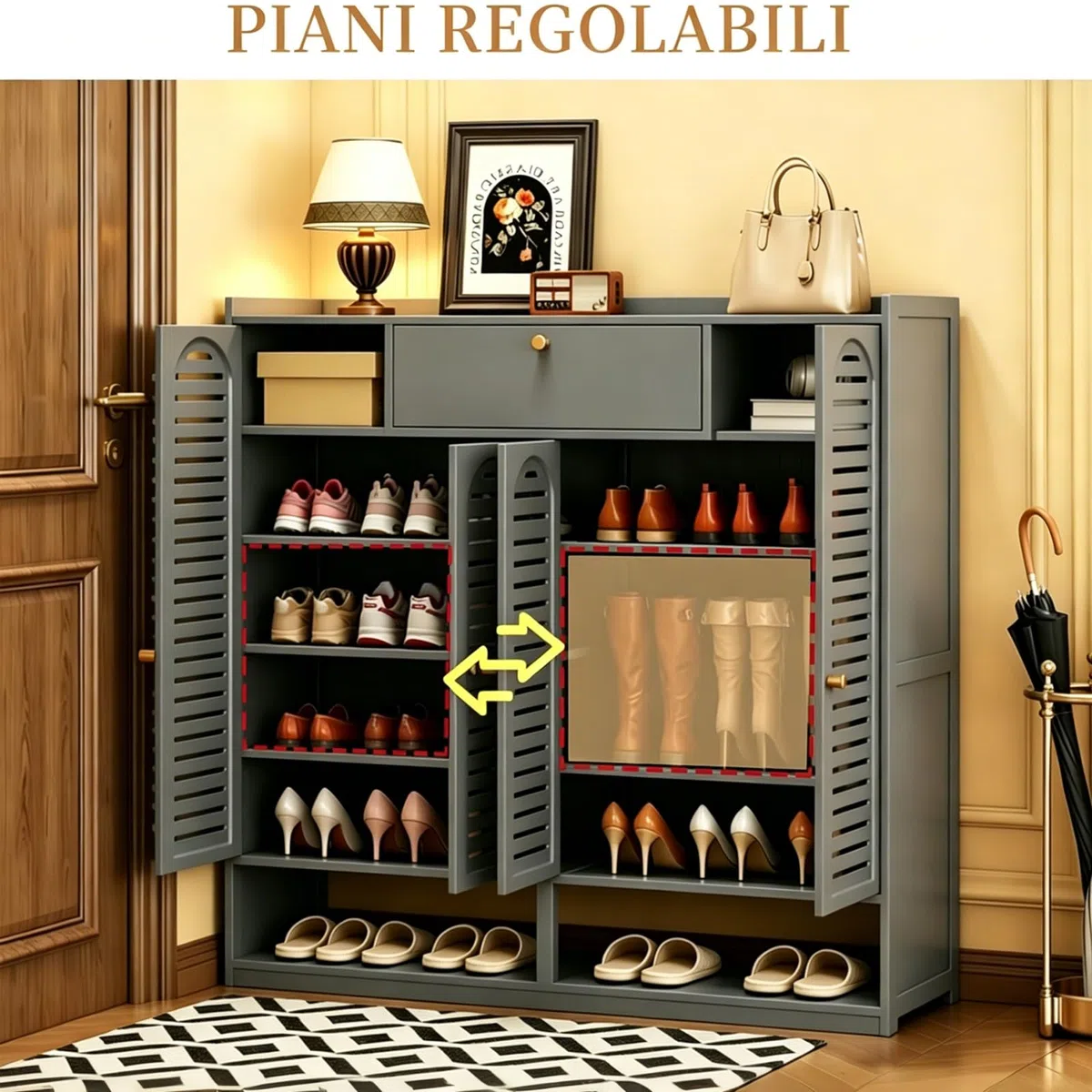Scarpiera in Bambù a 7 Livelli – Grande Scarpiera da Ingresso con Ante a Tapparella, Modello Indipendente con Ripiani Regolabili, Ideale per Corridoio e Soggiorno (Grigio)