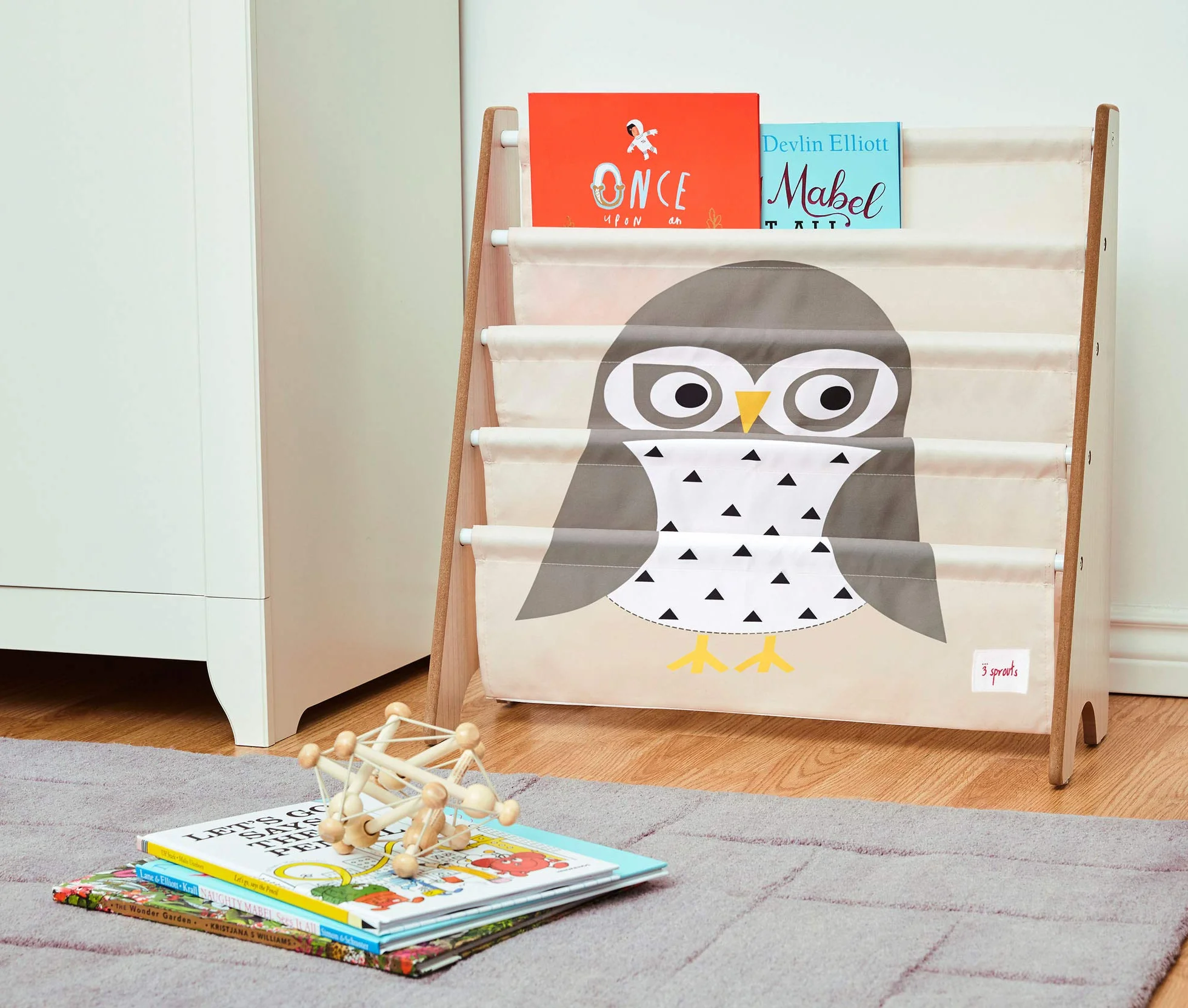 3 Sprouts, Libreria Frontale Montessoriana per Bambini, Ideale per Organizzare e Contenere Libri, Scaffale Libreria Decorata con Gufo Grigio, 61x63x25,4 cm