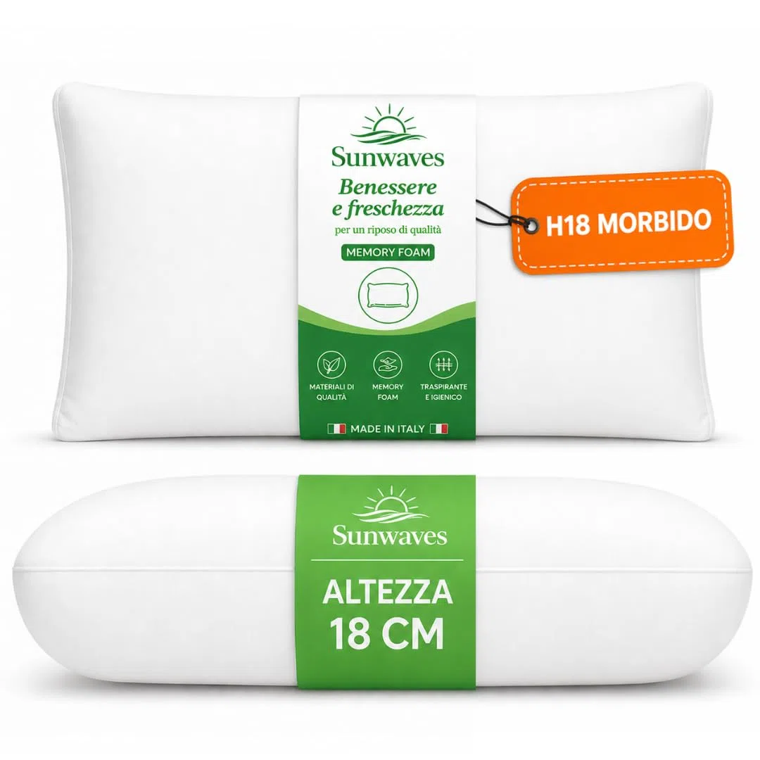 sunwaves 1 Cuscino Memory Foam – Cuscino Cervicale per Dormire 70x40x18 cm, Cuscino per Cervicale Made in Italy, Cuscino Antirussamento, Cuscino Letto in Memory Foam di Prima Scelta