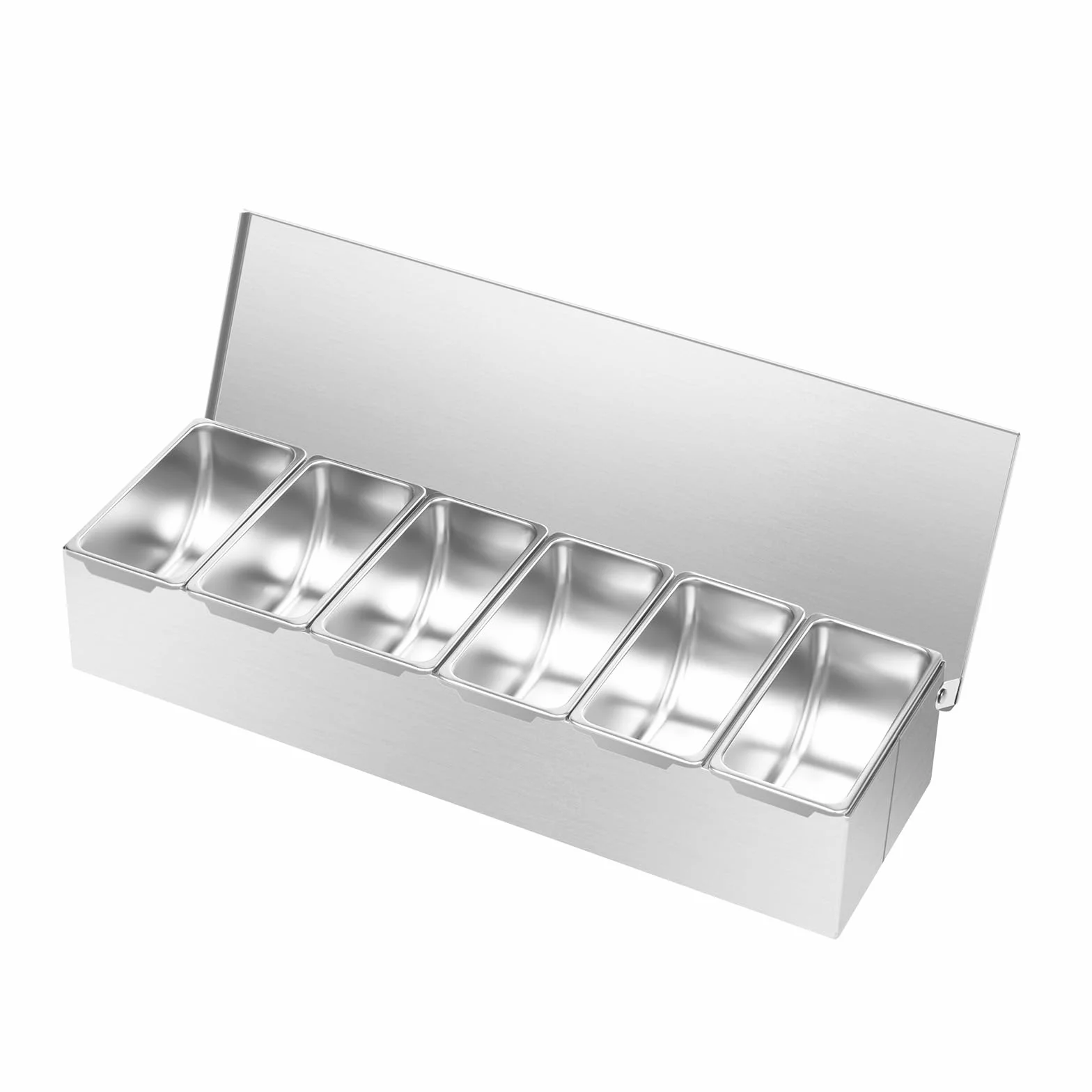 Madelynn Contenitore per ingredienti per pizza, 6 scomparti, in acciaio inox, 46 x 15 x 9 cm, rettangolare, in acciaio inox, design pieghevole, con fondo piatto, per cucine private, ristoranti