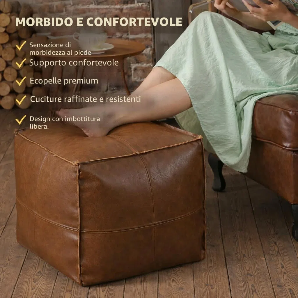 Pouf Quadrato in Ecopelle Marrone 45cm - Puff Contenitore Morbido e Resistente, Poggiapiedi Multifunzionale per Salotto, Camera da Letto, Sgabello, Capacità Fino a 100kg