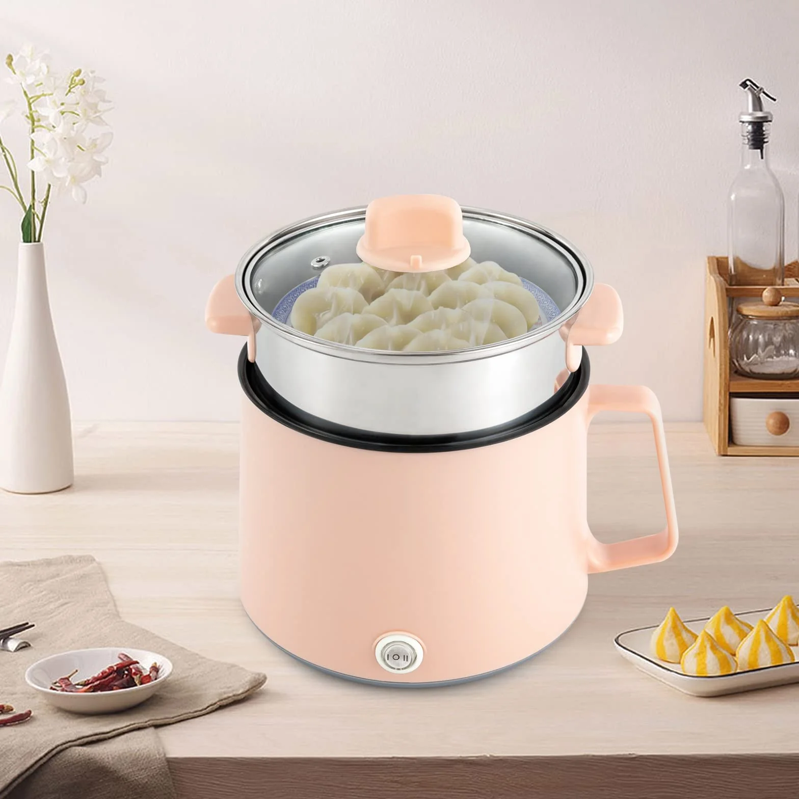 Pentola elettrica portatile antiaderente, 17 x 17 x 25 cm, 1,7 l, con coperchio in vetro, doppia potenza, per farina d'avena, pasta (rosa)