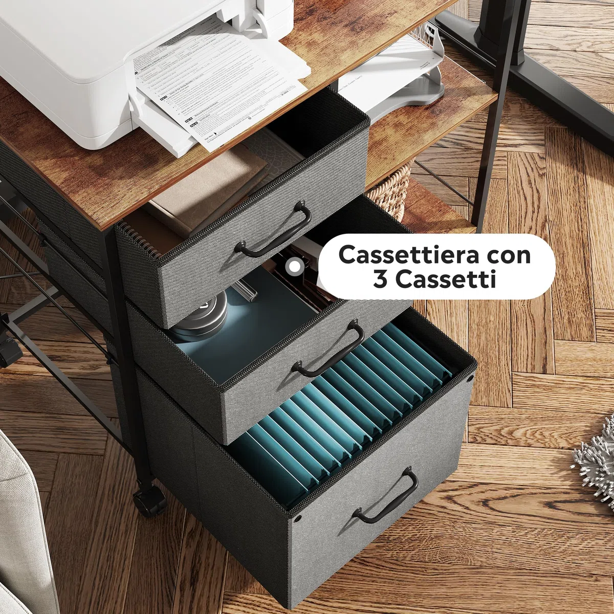 DEVAISE Cassettiera Mobile 3 Cassetti Grigia, Portastampante con Ripiano Aperto e Contenitore in Tessuto per Documenti A4/Letter, per Ufficio Casa