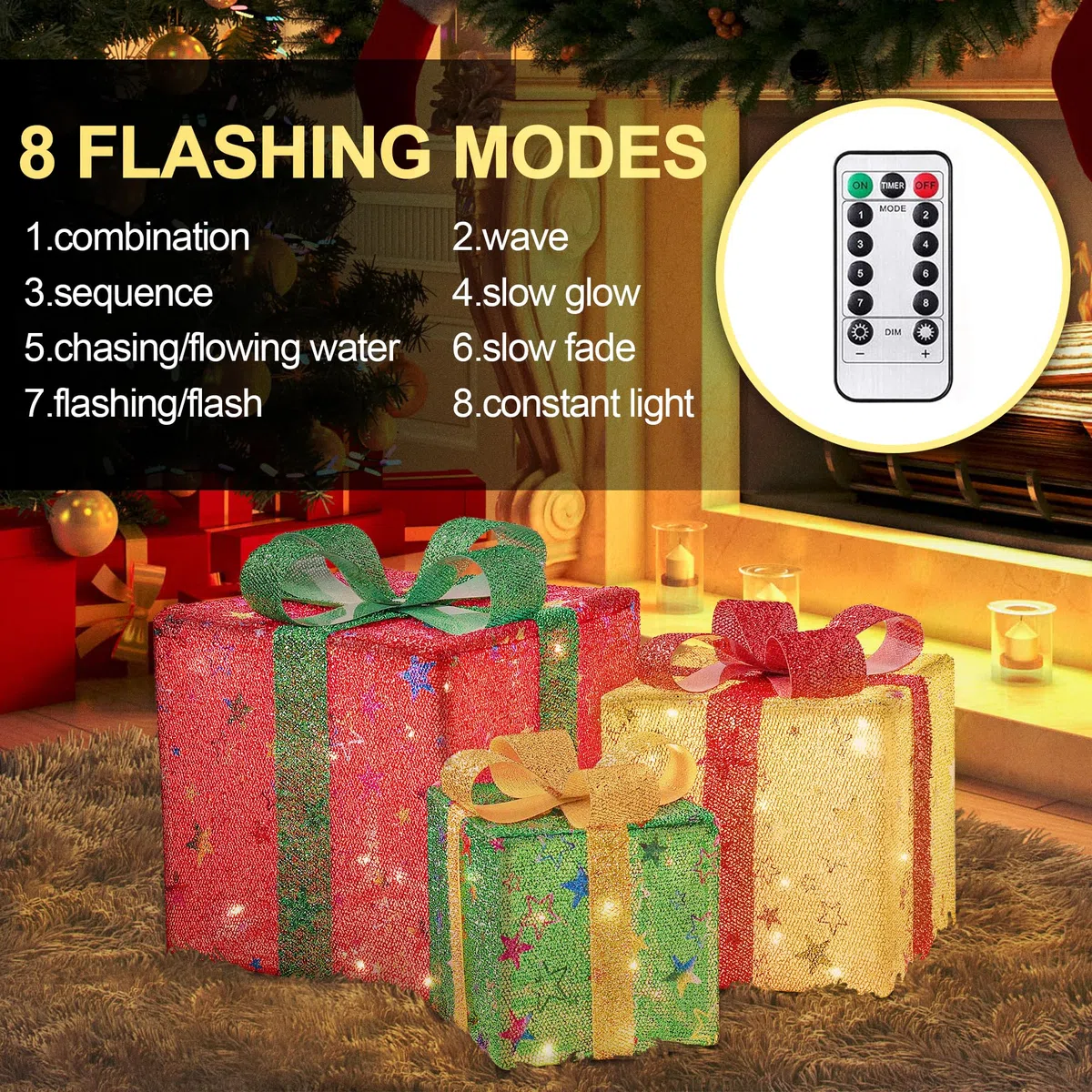 Arespark Set di 3 Luci Scatola Regalo Natalizie, 50 LED Decorazione con 8 Modalità Luminose, IP44 Illuminate per Albero di Natale, Finestre