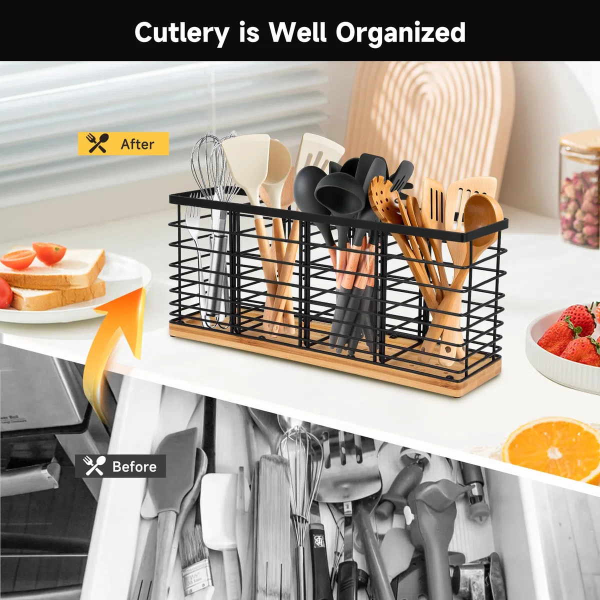 Portautensili da cucina in acciaio inox con 4 scomparti in legno + 1 scomparto per utensili da cucina, porta utensili da cucina con ripiano rimovibile, grande ciotola per coltelli, cucchiai e