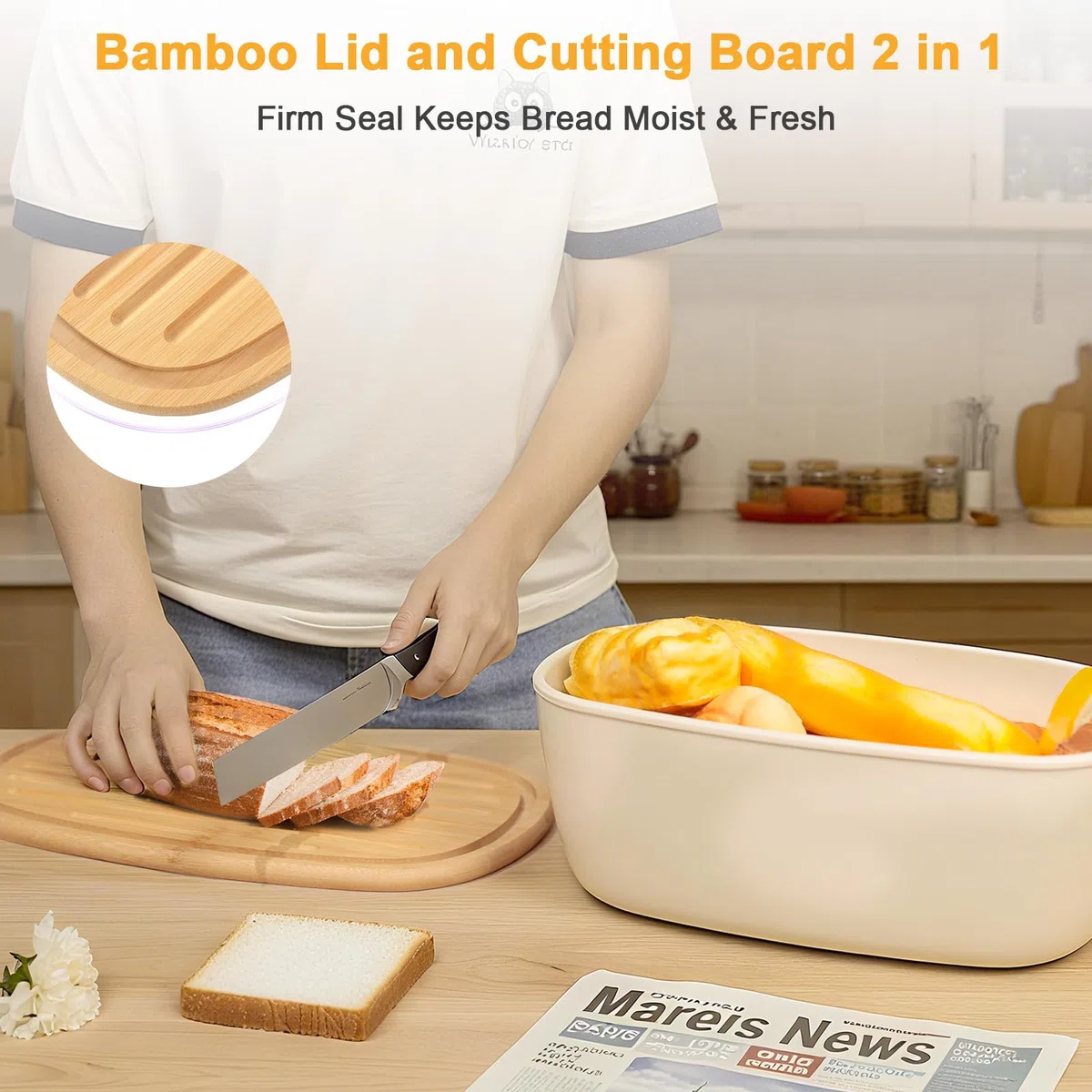 Cozary Portapane con Coperchio in Bambù, 6L Porta Pane da Cucina con Sacchetto per il Pane in Lino, 37x22,5x14 cm, Fondo Antiscivolo, una Aggiore Freschezza (Bianco)