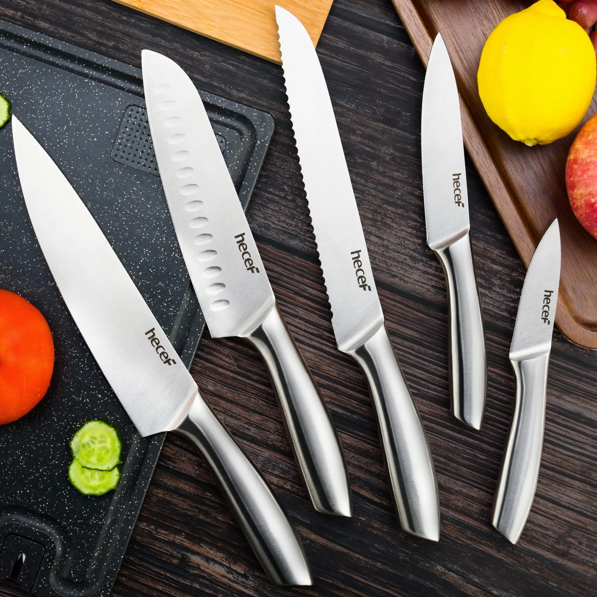 hecef Set Coltelli da Cucina Professionali, Tutti in Acciaio Inox Argento, Coltello da Chef, 5 Pezzi Coltello da Cucina e 5 Pezzi Foderi per Coltelli