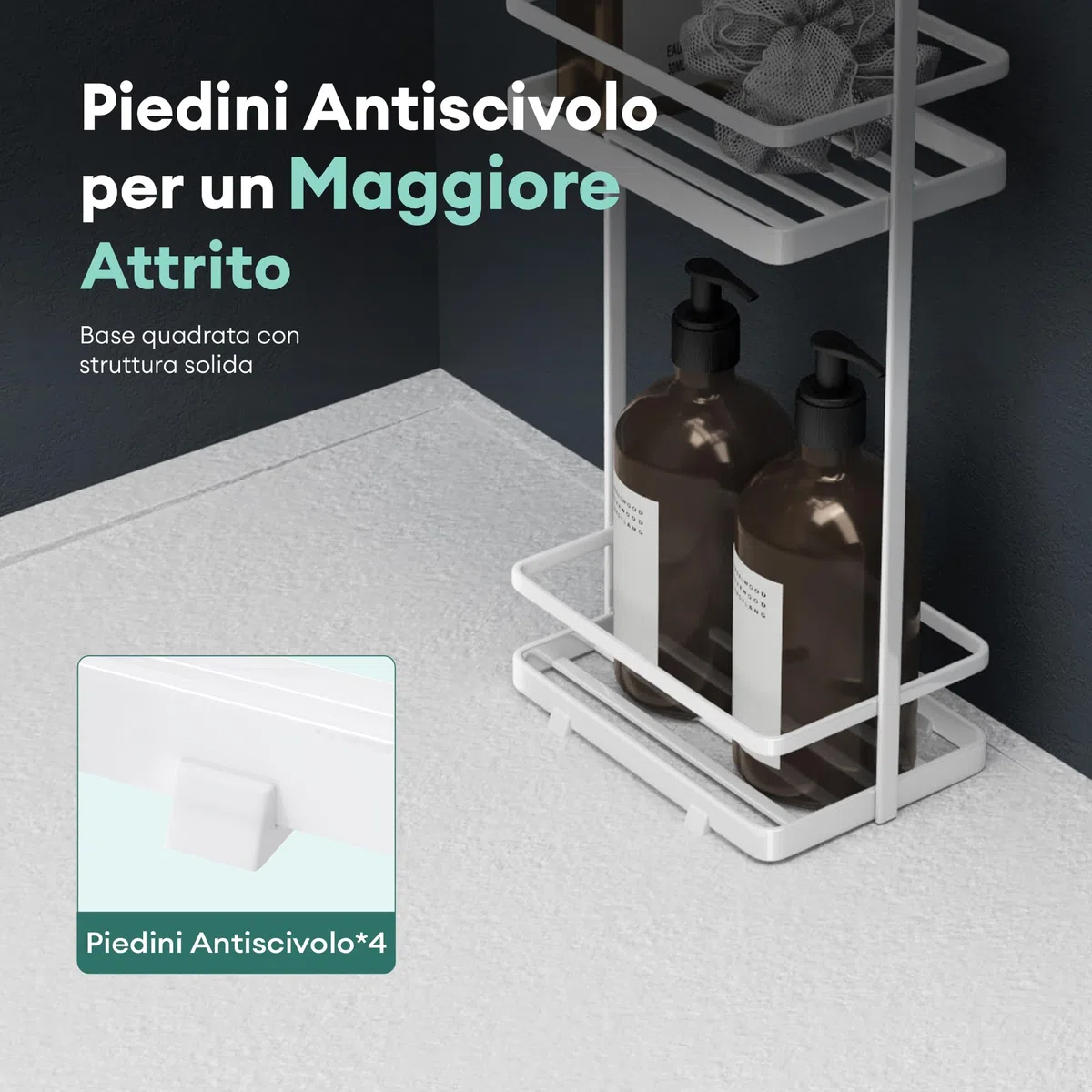 Mai & Mai Scaffale da Bagno di 3 Livelli 18x12.5x67.3cm, Scaffale Portaoggetti in Metallo Robusto con 4 Piedini Antiscivolo per Doccia, Bianco, Reglo-02