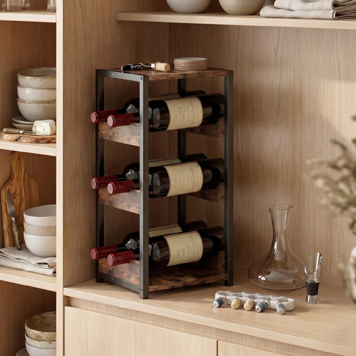 HOMCOM Portabottiglie Vino per 6 Bottiglie con Scaffali Ondulati, Porta Bottiglie di Vino Design Industriale, Piedini Regolabili per Cucina Soggiorno, Marrone Rustico