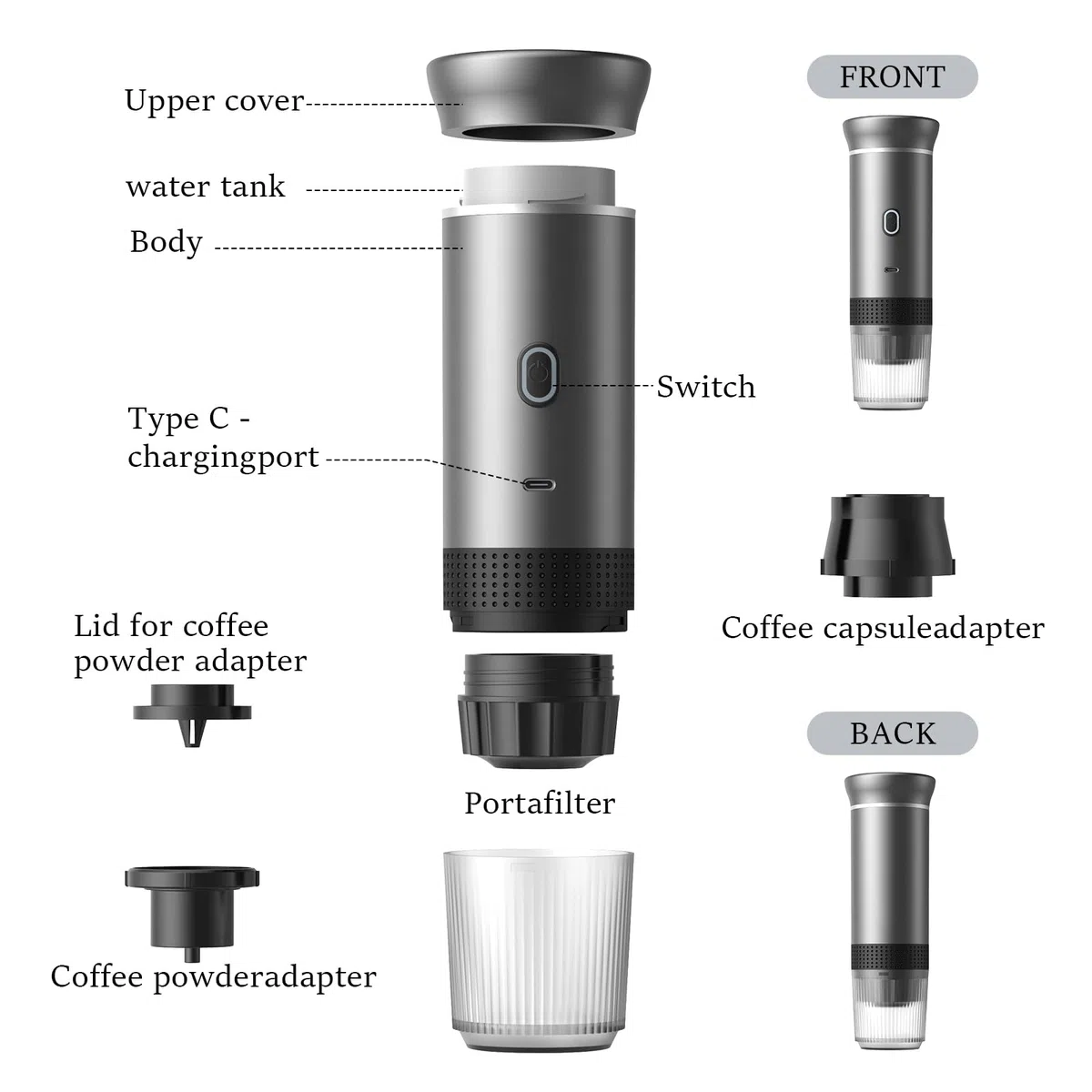 Vunzo Macchina per caffè espresso elettrica portatile, auto-riscaldamento con USB-C, macchina da caffè a capsula Mini, macchina da caffè da viaggio, macchina da caffè da campeggio