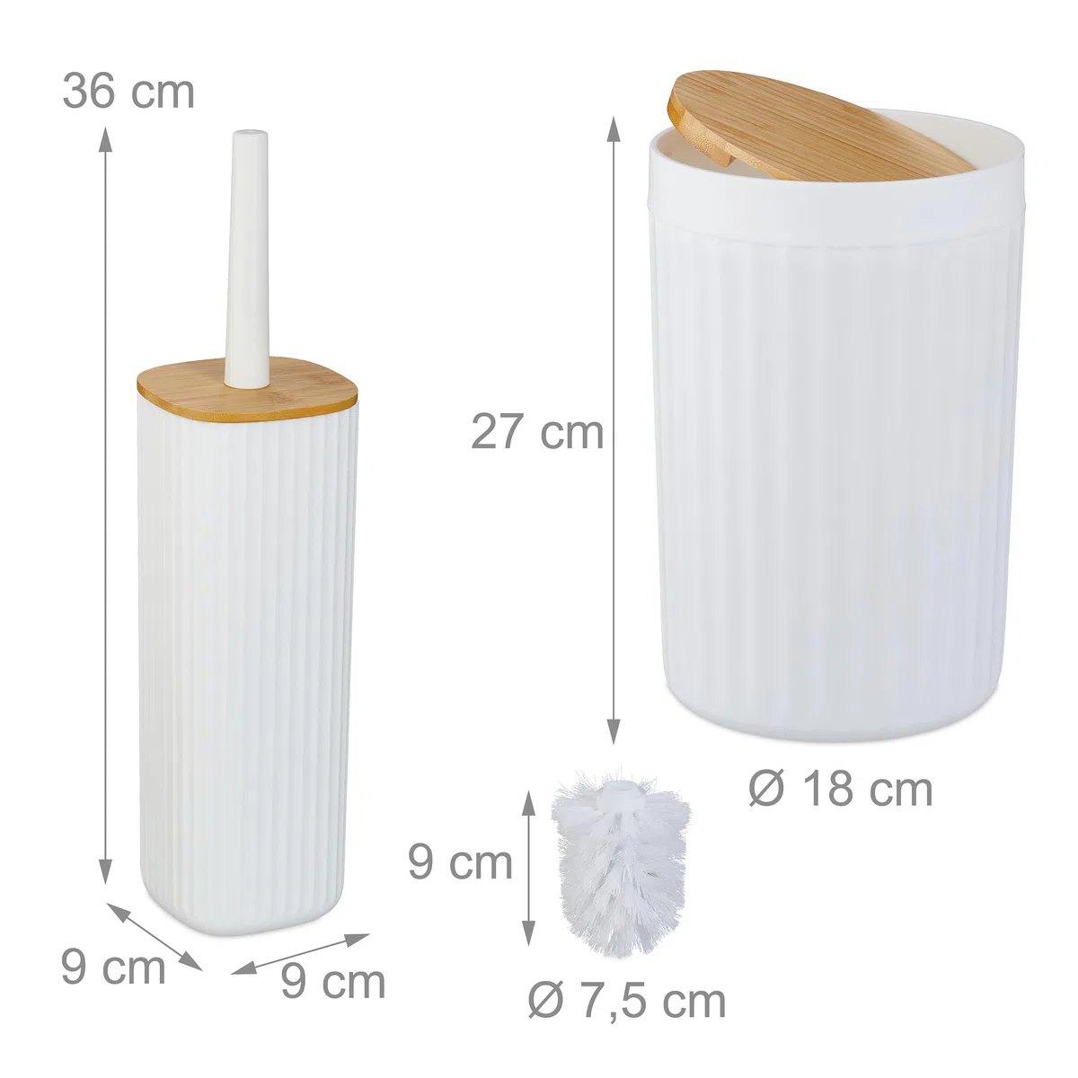 Relaxdays Set Bagno 6 Accessori, Cestino, Scopino WC, Portasapone, Saponetta, Portaspazzolino, Plastica e bambù, Bianco