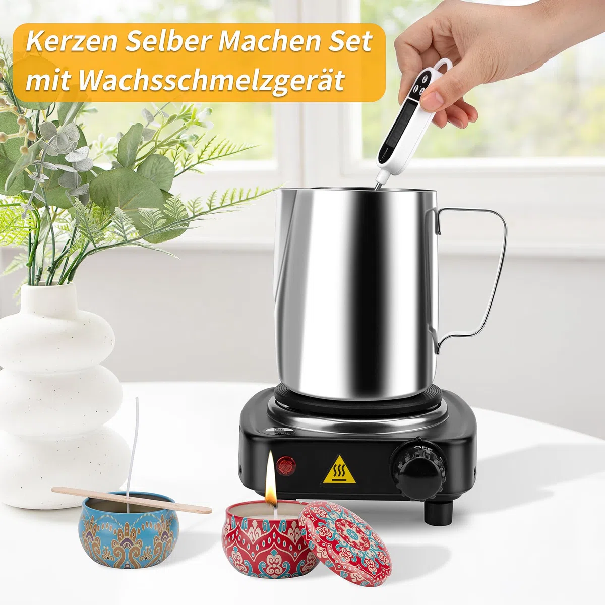 Kit per la produzione di candele JelyArt Set per la creazione di candele fai da te incluso pentolino per sciogliere la cera (900ml), 6 barattoli, 100 stoppini, 60 etichette adesive – Candele fai da te