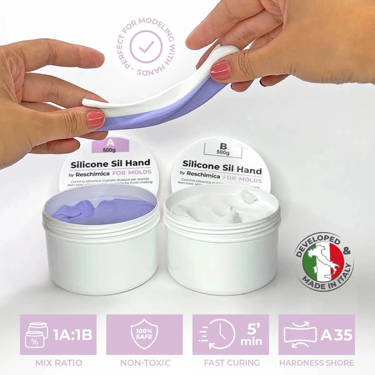 RESCHIMICA Silicone per Stampi in Pasta SIL HAND (1 kg) Gomma Siliconica per Stampi Rubaforme Modellabile 1:1 Atossica Rapida Silicone in Pasta Ideale per Calchi Tecnici Resina Modellismo DIY