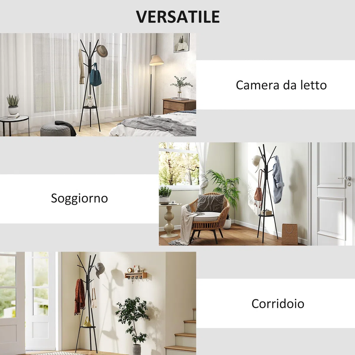 HOMCOM Appendiabiti da Terra di Design, Appendiabiti Verticale Moderno, Attaccapanni da Terra, per Ingresso, Elegante, 3 Aste, 9 Ganci, 45x45x180cm, Nero