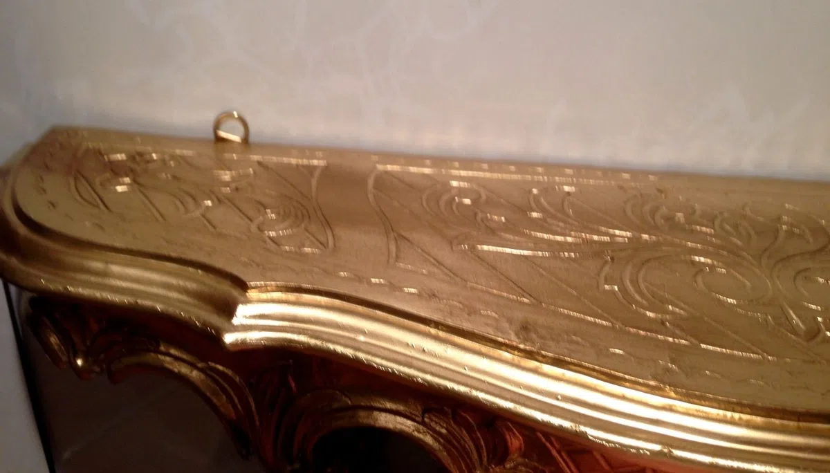 Mensola da parete anticata, stile barocco, 49 x 13 x 21 cm, ripiano a specchio Cp51 (oro)